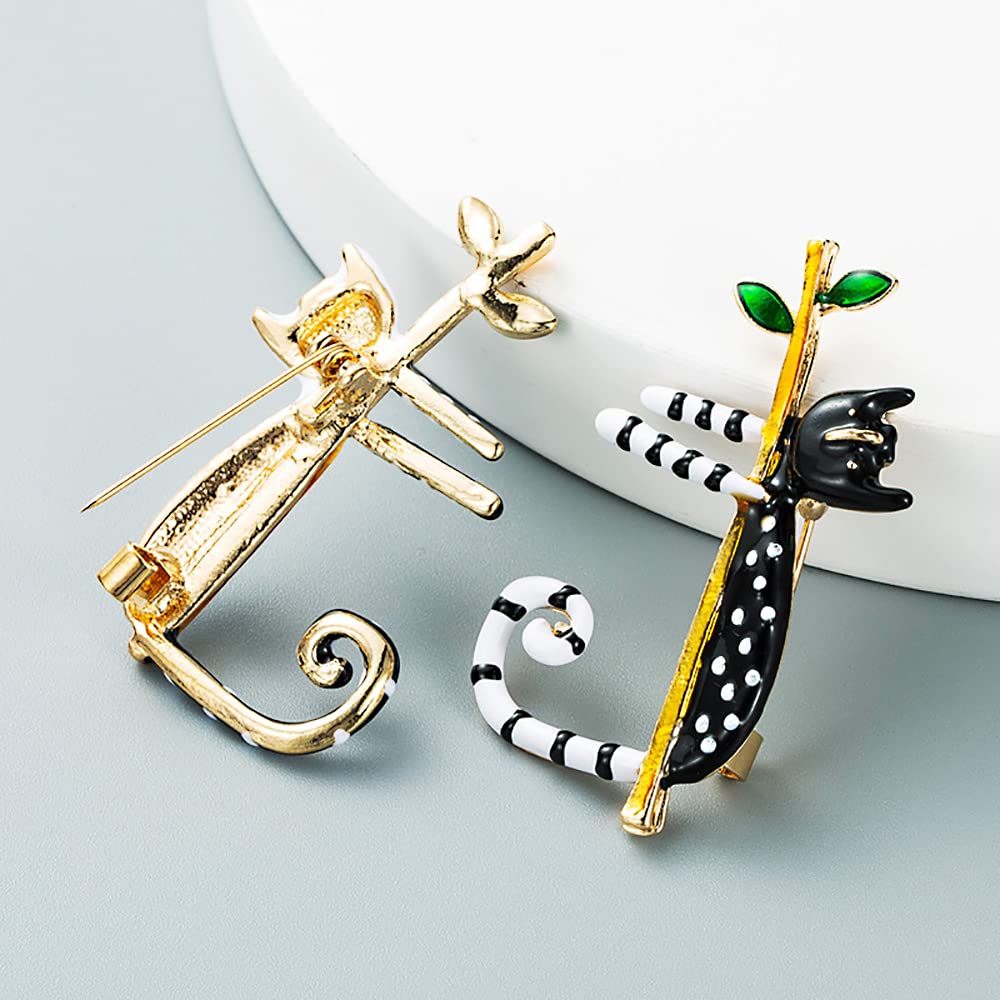 Elegant Black & White Cat Brooch Pin for Women & Teens - Fashionable Enamel Kitten Lapel Pin with Green Leaf Design - Perfect Cute Dress Accessory for Birthday, Christmas & Everyday Wear - Jewelry Gift for Cat Lovers