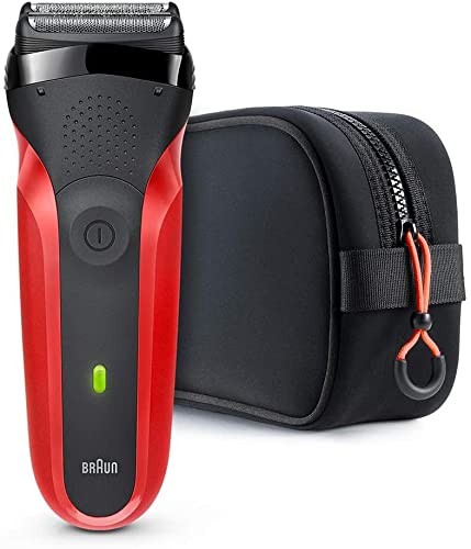 Braun Series 3 300TS Men's Electric Razor - Rechargeable Foil Shaver with Precision Trimmer | Wet & Dry Shaving | Includes Travel Toiletry Bag Gift Set (Red) | Perfect for Home Use, Travel & Gifts