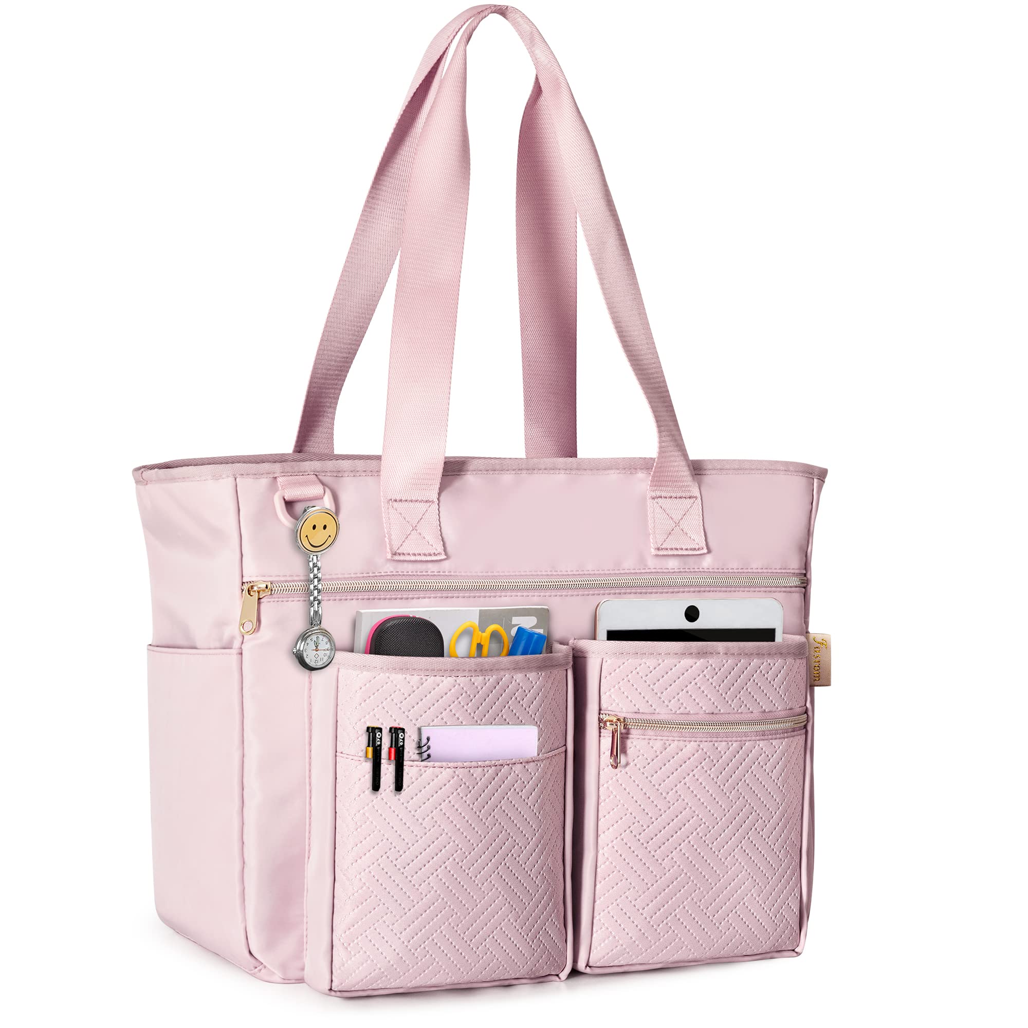 Professional Teacher Tote Bag for Women - Large Work Bag with Padded Laptop Compartment (Fits 14 Inch Laptop) & Multiple Pockets for School Supplies - Stylish Pink Patent Design - Perfect for Teachers, Professors & Educators (Classroom, Office, Commuting)