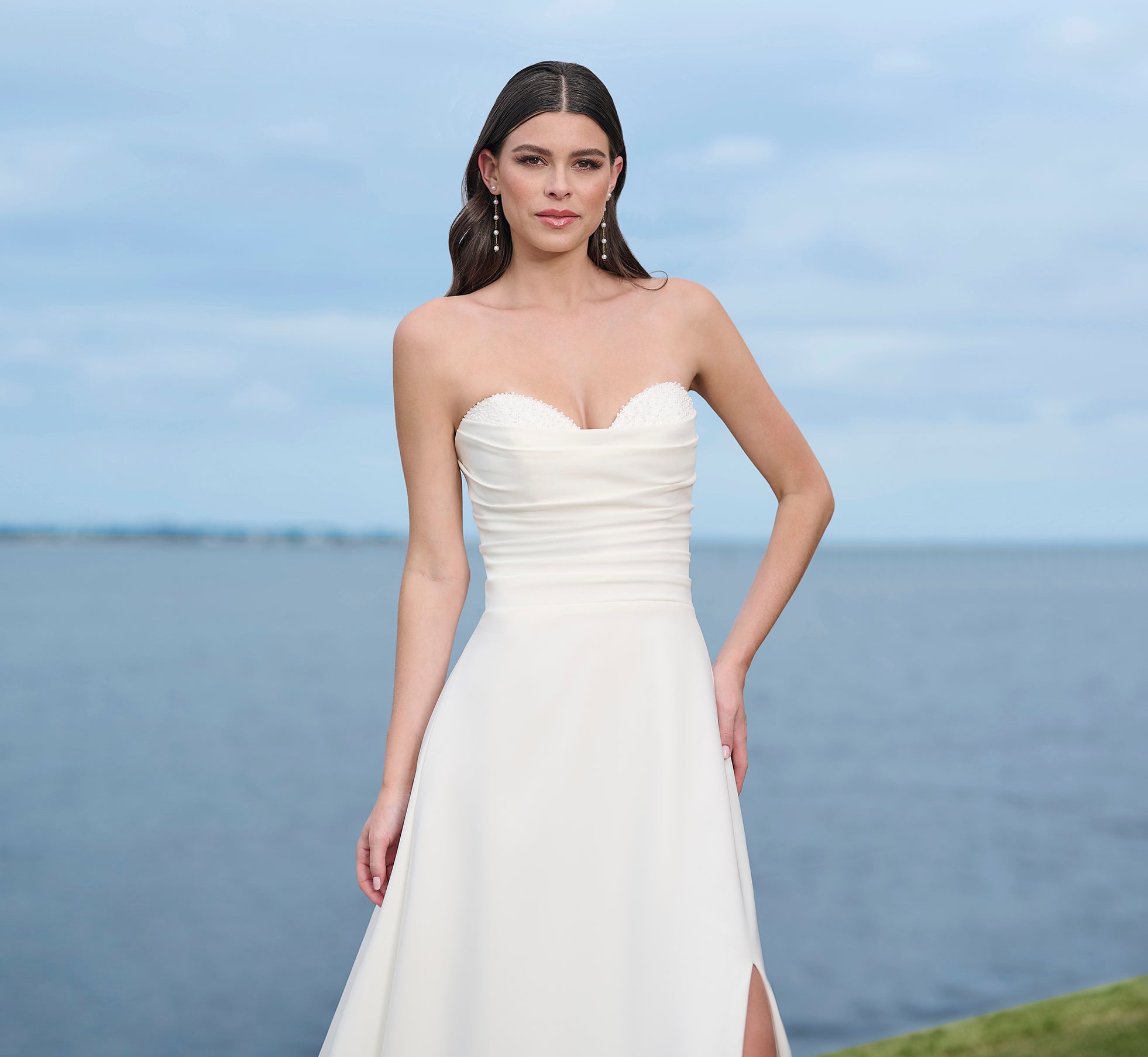 Elegant Ivory Stretch Crepe A-Line Gown with High Slit - Perfect for Evening Parties, Weddings & Special Occasions