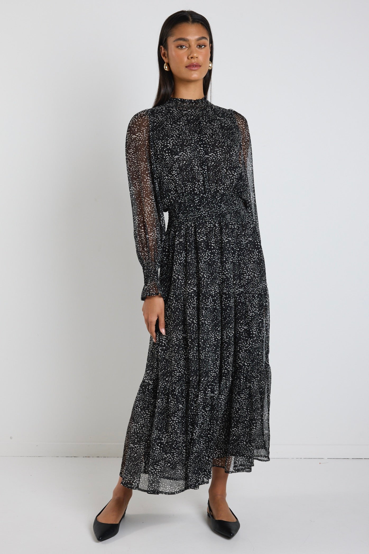 Elegant Ebony Black Grey Spot Long Sleeve Shirred Neck Midi Dress for Women | Perfect for Office Wear, Cocktail Parties & Special Occasions