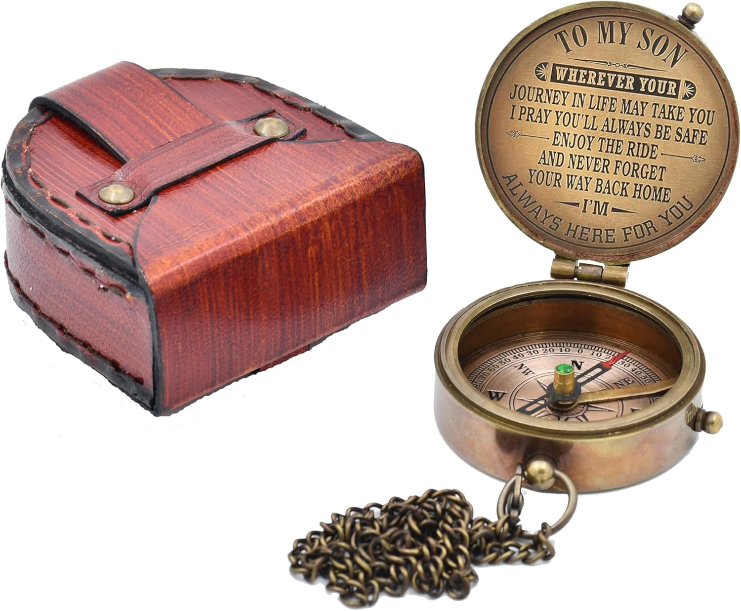 Personalized Engraved Compass Gift for Son - Leather Case with 