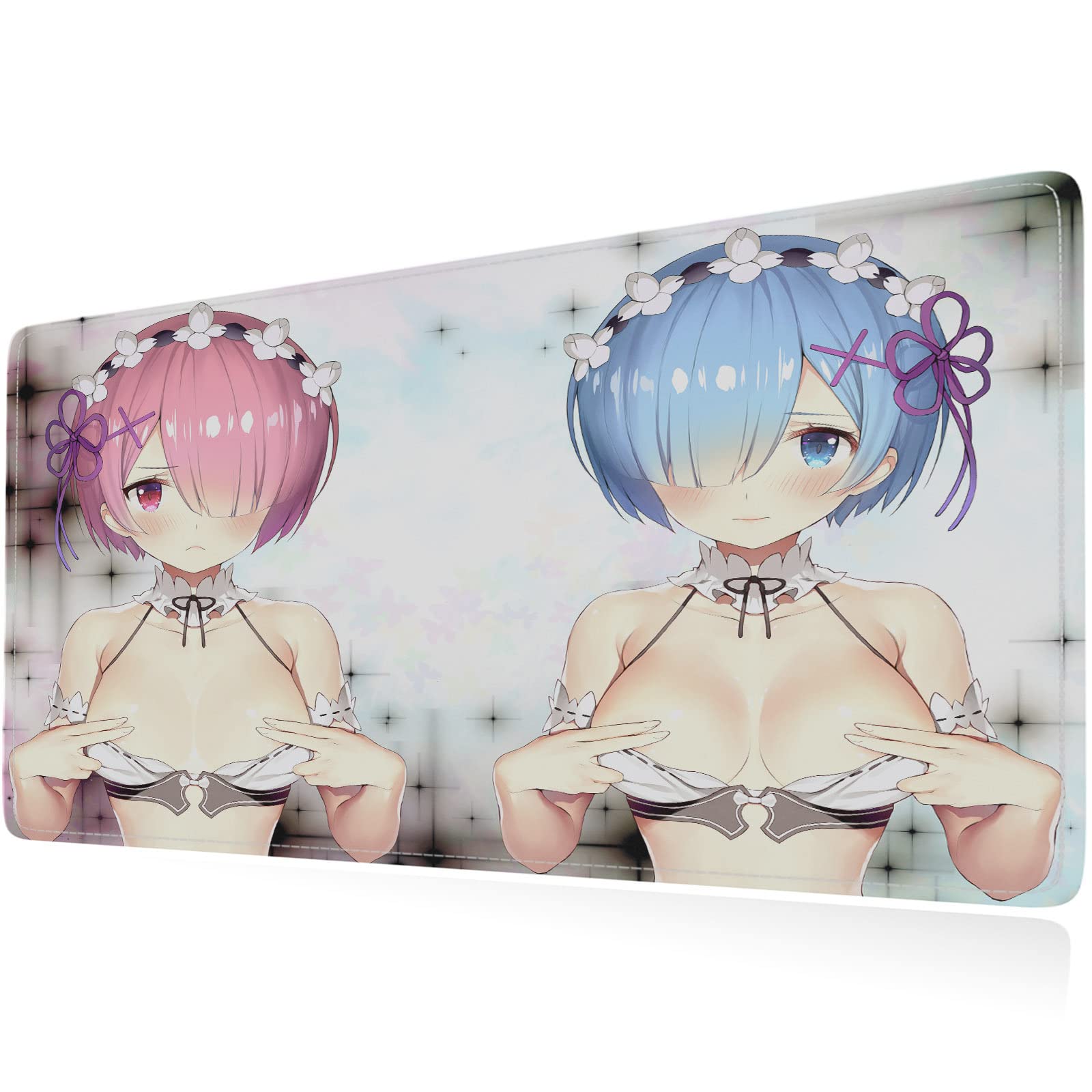 Anime Waifu Rem & Ram Large Gaming Mouse Pad - 31.5x11.8 Inches Extended Keyboard Mouse Mat with Stitched Edges, Non-Slip Waterproof Base - Perfect for PC Gaming, Office Work & Anime Enthusiasts