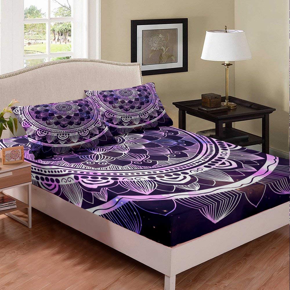 White Violet Full Size Bed Sheet Set with Exotic Floral & Geometric Mandala Print - 3 Piece Kids Bedding Set for Boys & Girls, Soft & Breathable Bedclothes for Cozy Sleep - Perfect for Children's Room Decor, Sleepovers & Nursery