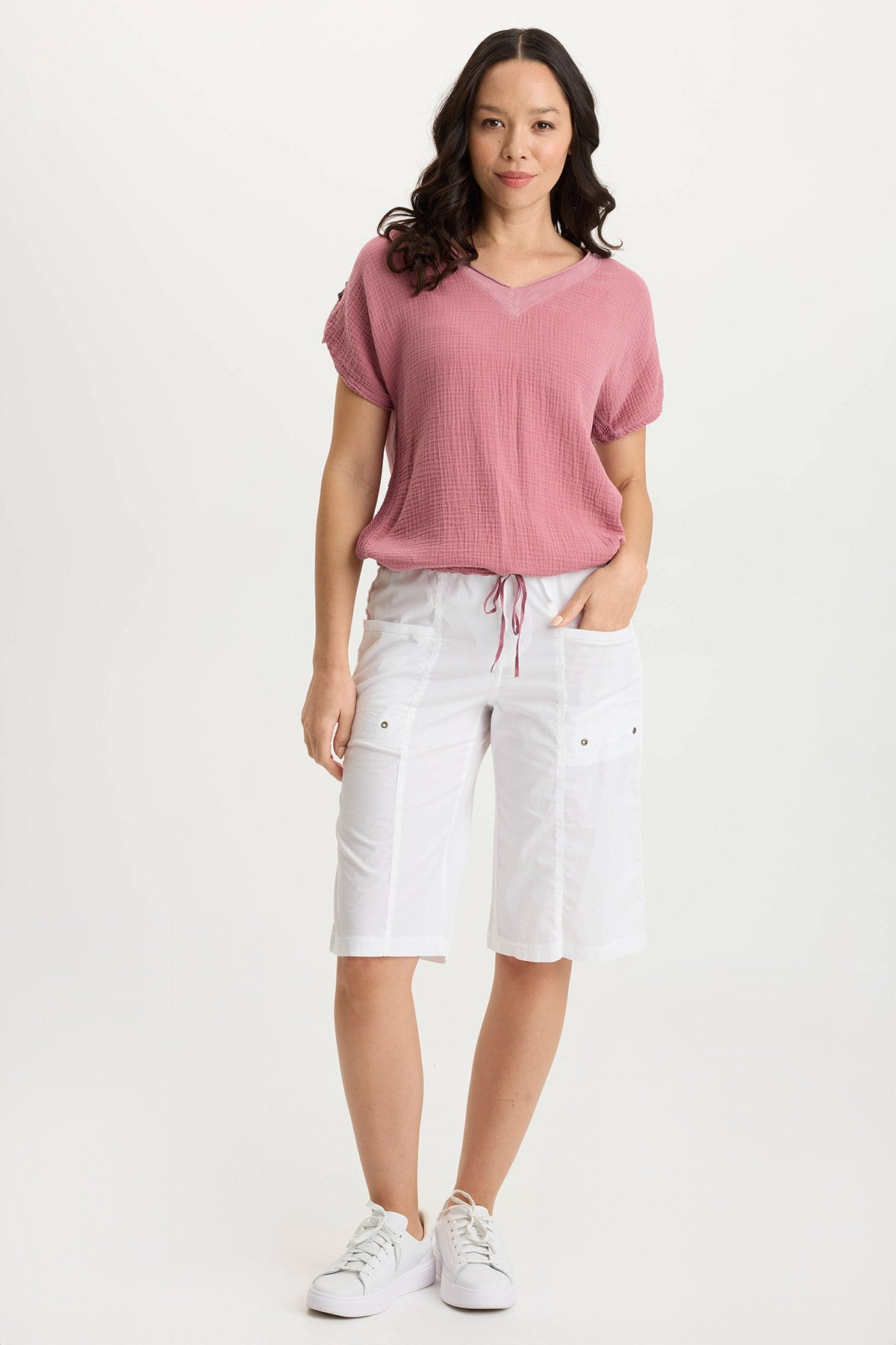 Bower Gauze & Jersey Tabbed Sleeve Bubble Hem V-Neck Tee - Soft Casual Women's T-Shirt for Everyday Wear, Date Night & Summer Outfits