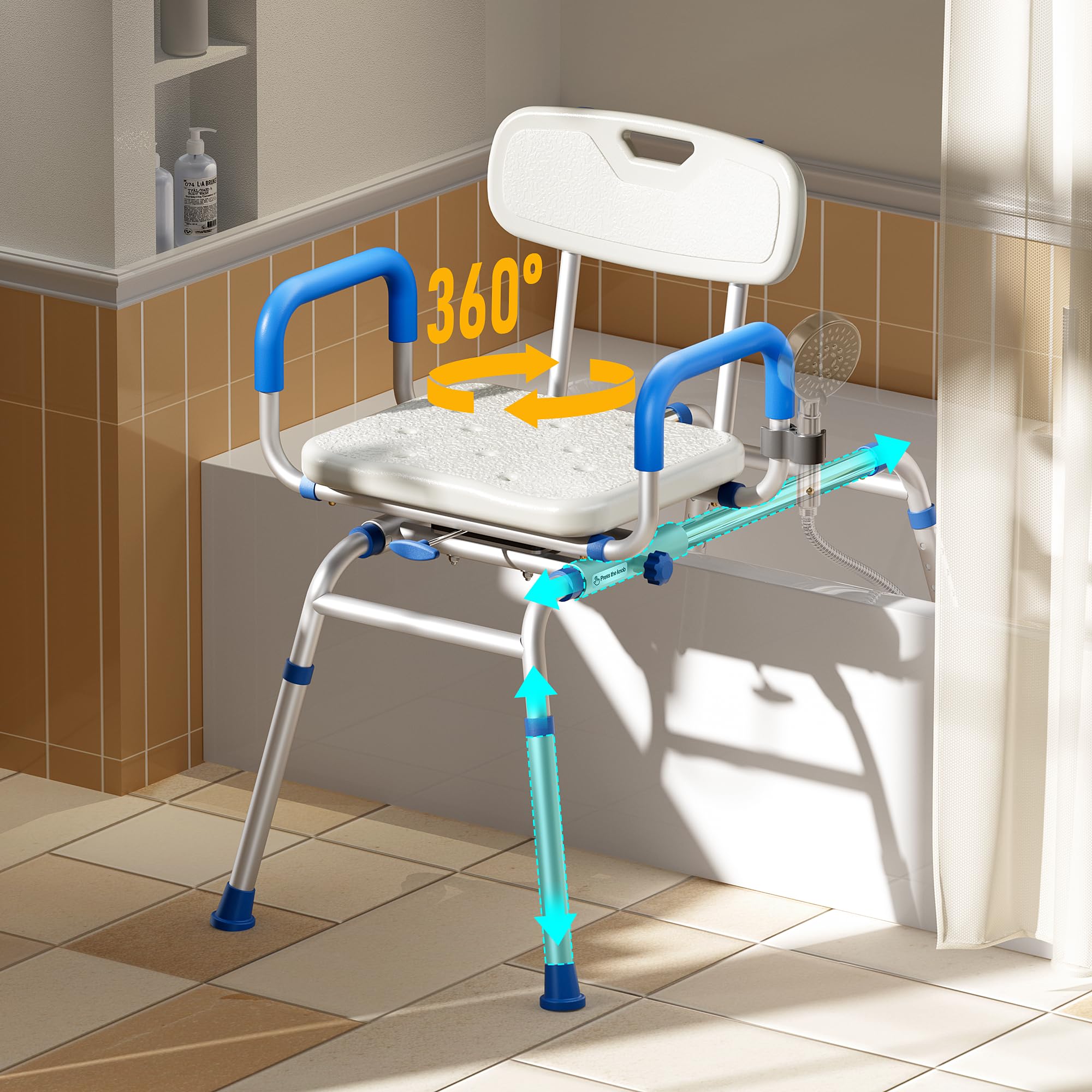 FSA/HSA Eligible Sliding Shower Chair with Extra-Wide 360° Swivel Seat - 330lbs Weight Capacity Tub Transfer Bench with Non-Slip Padded Arms & Adjustable Height - Ideal for Elderly & Disabled Bath Safety - Perfect for Shower, Bathtub & Bathroom Mobility Assistance