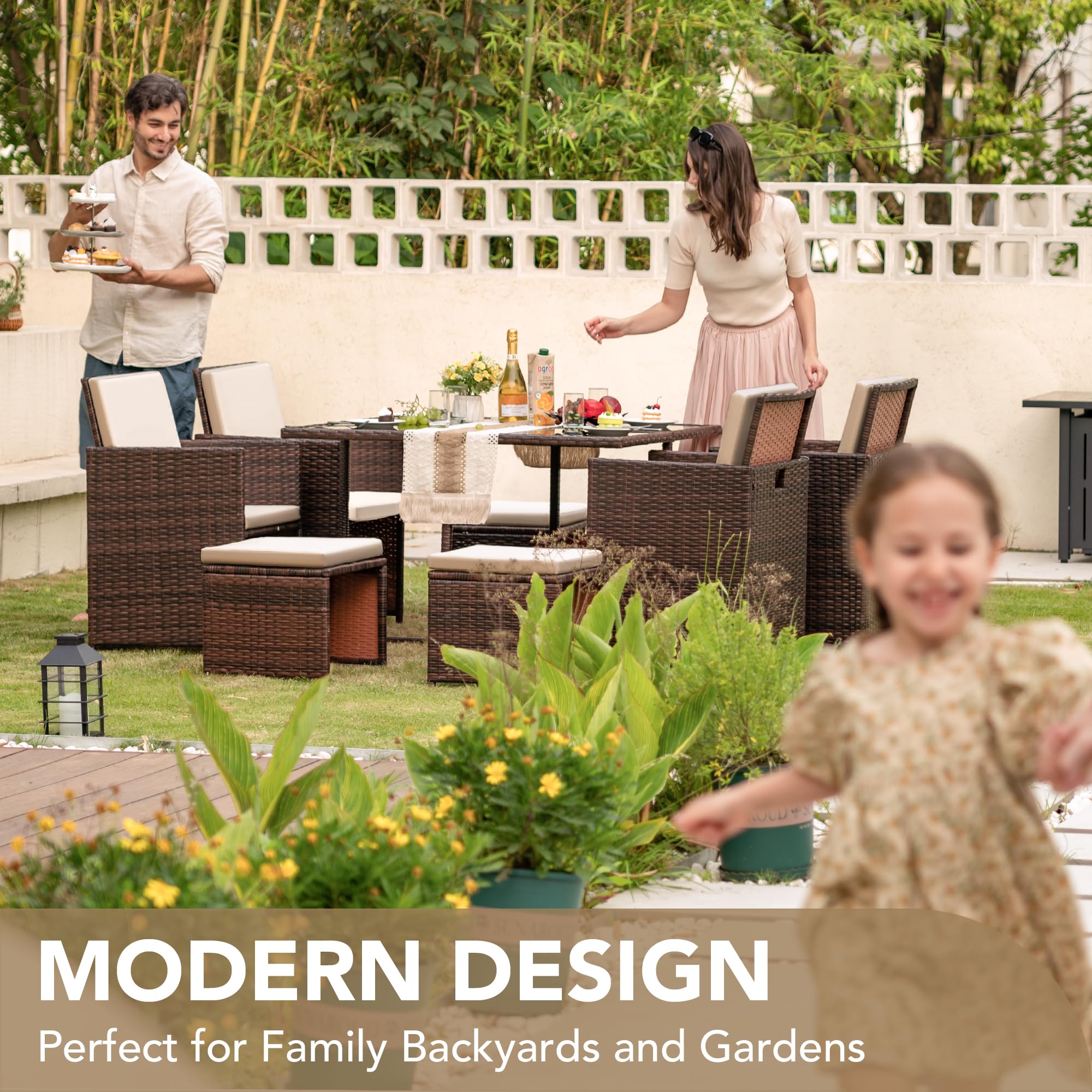 Devoko 9-Piece Outdoor Patio Dining Set - Space-Saving Rattan Chairs with Tempered Glass Table, Cushioned Seating & Backrest - Beige Sectional Conversation Set for Garden, Poolside & Backyard Relaxation