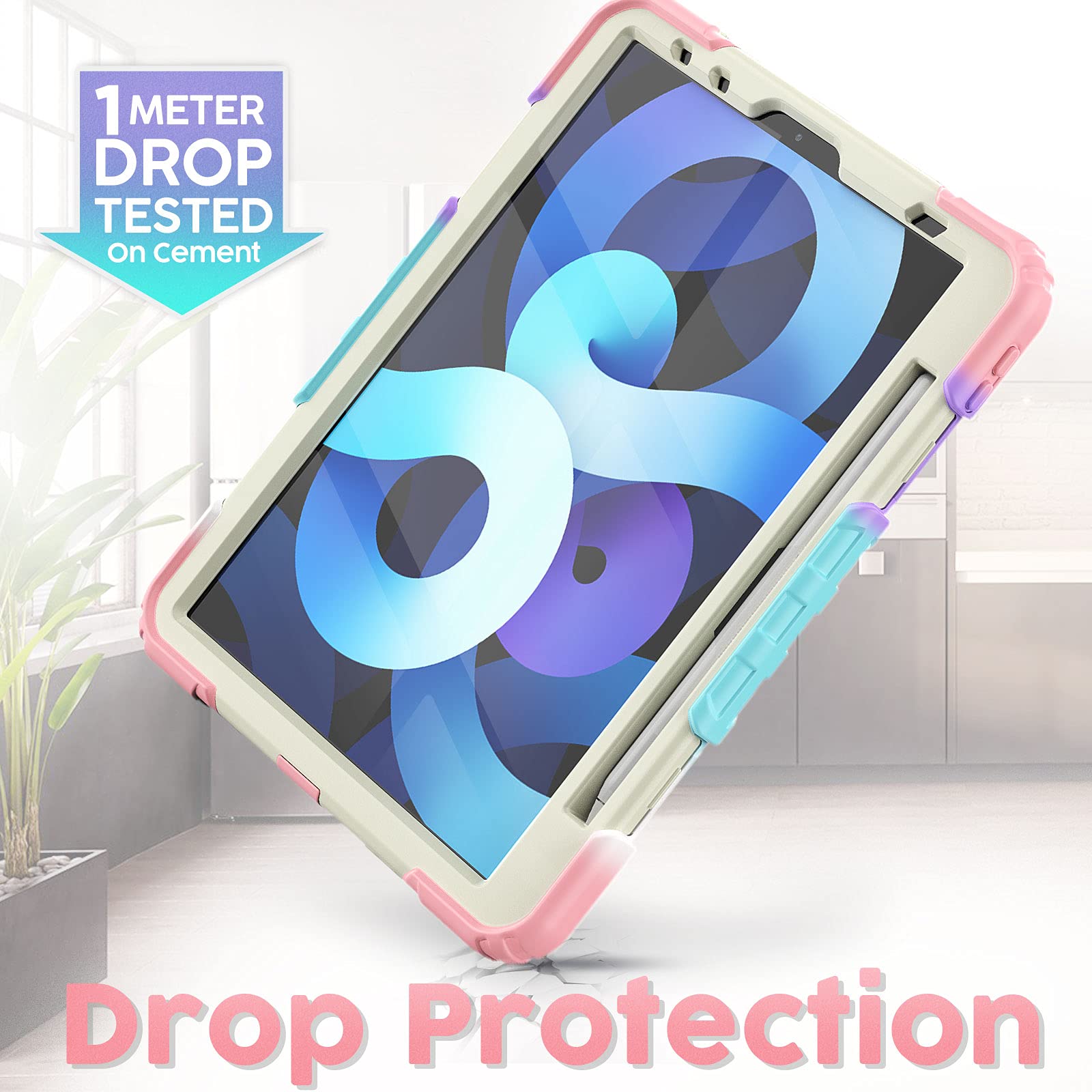 Timecity Protective Case for iPad Air 5th/4th Gen (2022/2020) 10.9 Inch - 360° Rotating Stand with Screen Protector, Pencil Holder & Adjustable Hand/Shoulder Strap - Pink Camo Design | Perfect for Work, Travel & School Use