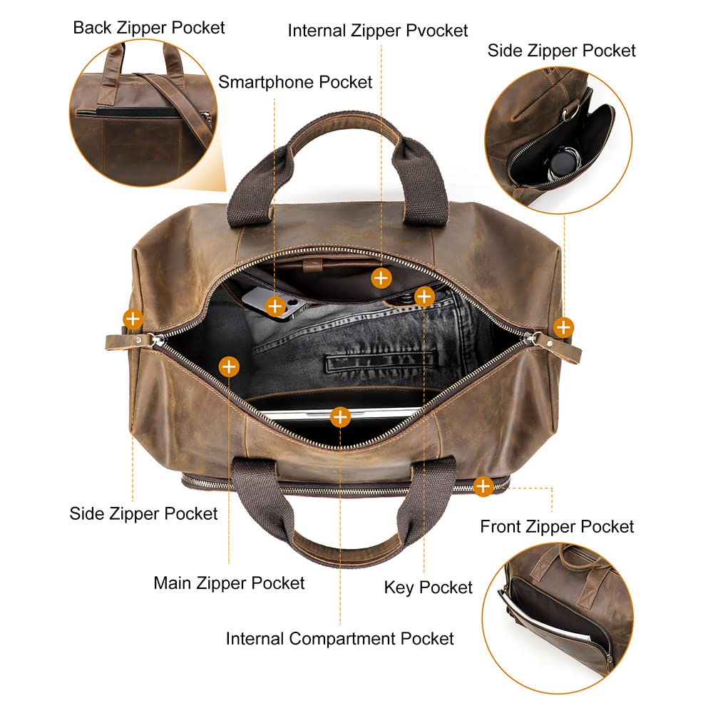 Premium Crazy Horse Leather Travel Duffel Bag for Men - Large Weekender Overnight Gym Sports Carry On Bag - Perfect for Business Trips, Gym Workouts & Weekend Getaways