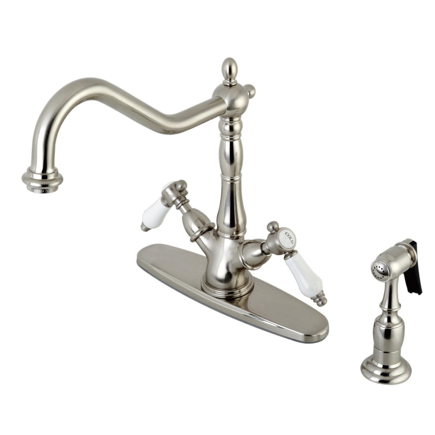 Bel Air KS1238BPLBS Brushed Nickel Two-Handle Kitchen Faucet with Deck Plate & Brass Sprayer - 2 or 4 Hole Installation - Perfect for Modern Farmhouse & Commercial Kitchens