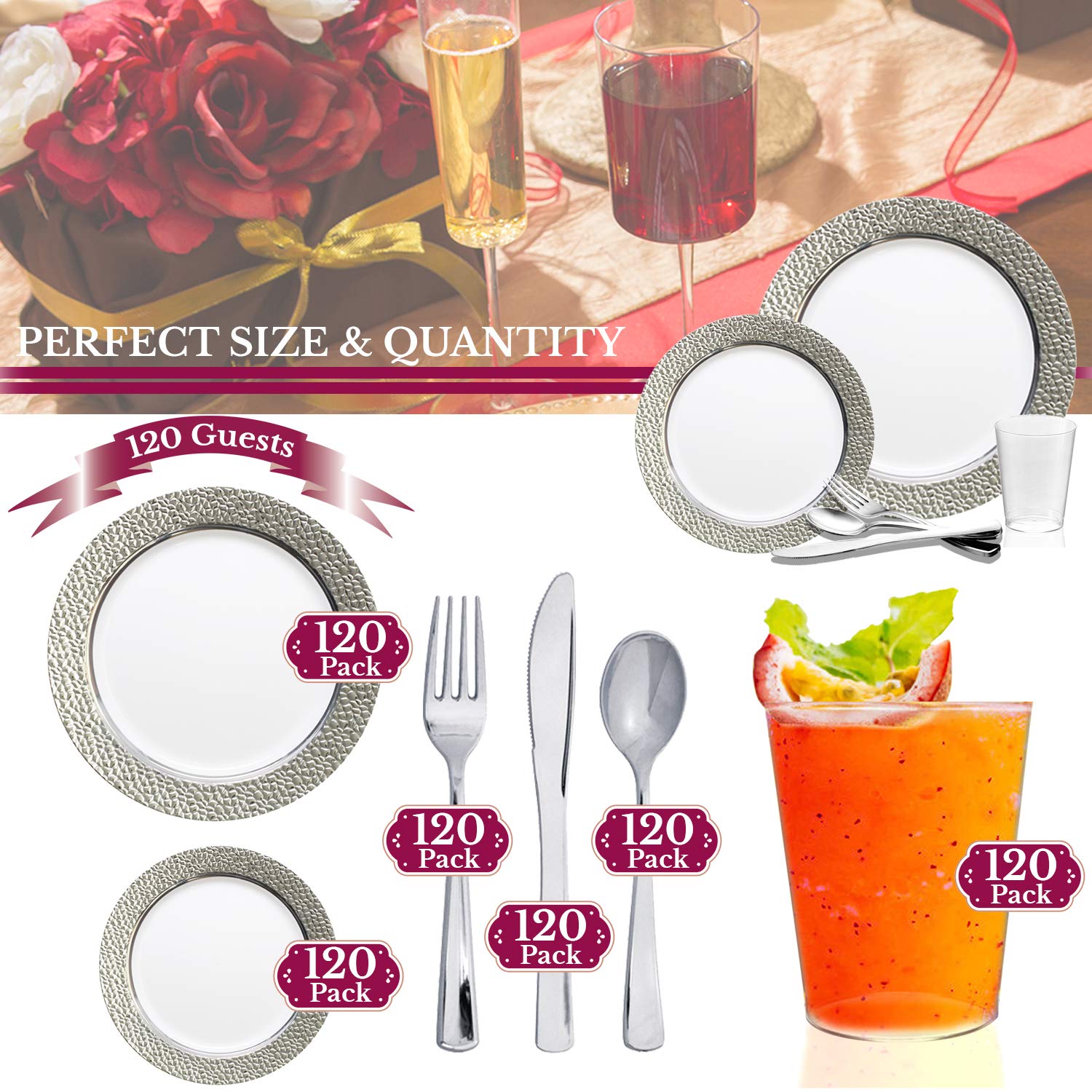 Premium Disposable Plastic Dinnerware Set for 120 Guests - Elegant White with Silver Hammered Rim Plates, Salad/Dessert Plates, Cutlery & Cups | Perfect for Weddings, Birthday Parties, Catering & Special Events | Durable & Stylish Party Tableware