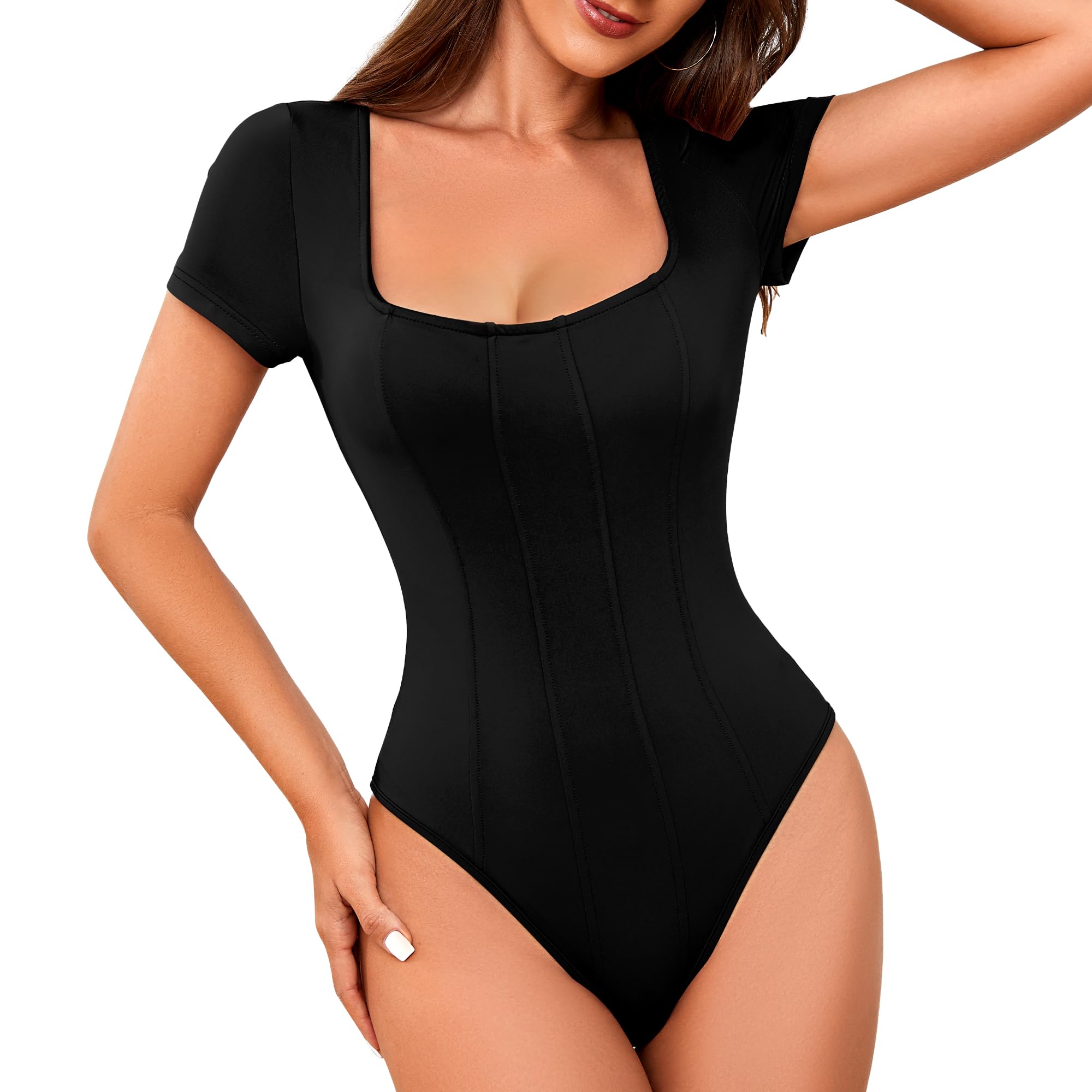 Women's Short Sleeve Bodysuit - Square Neck Casual Summer T-Shirt Top | Comfortable Stretchy Fit for Everyday Wear, Layering & Outfits