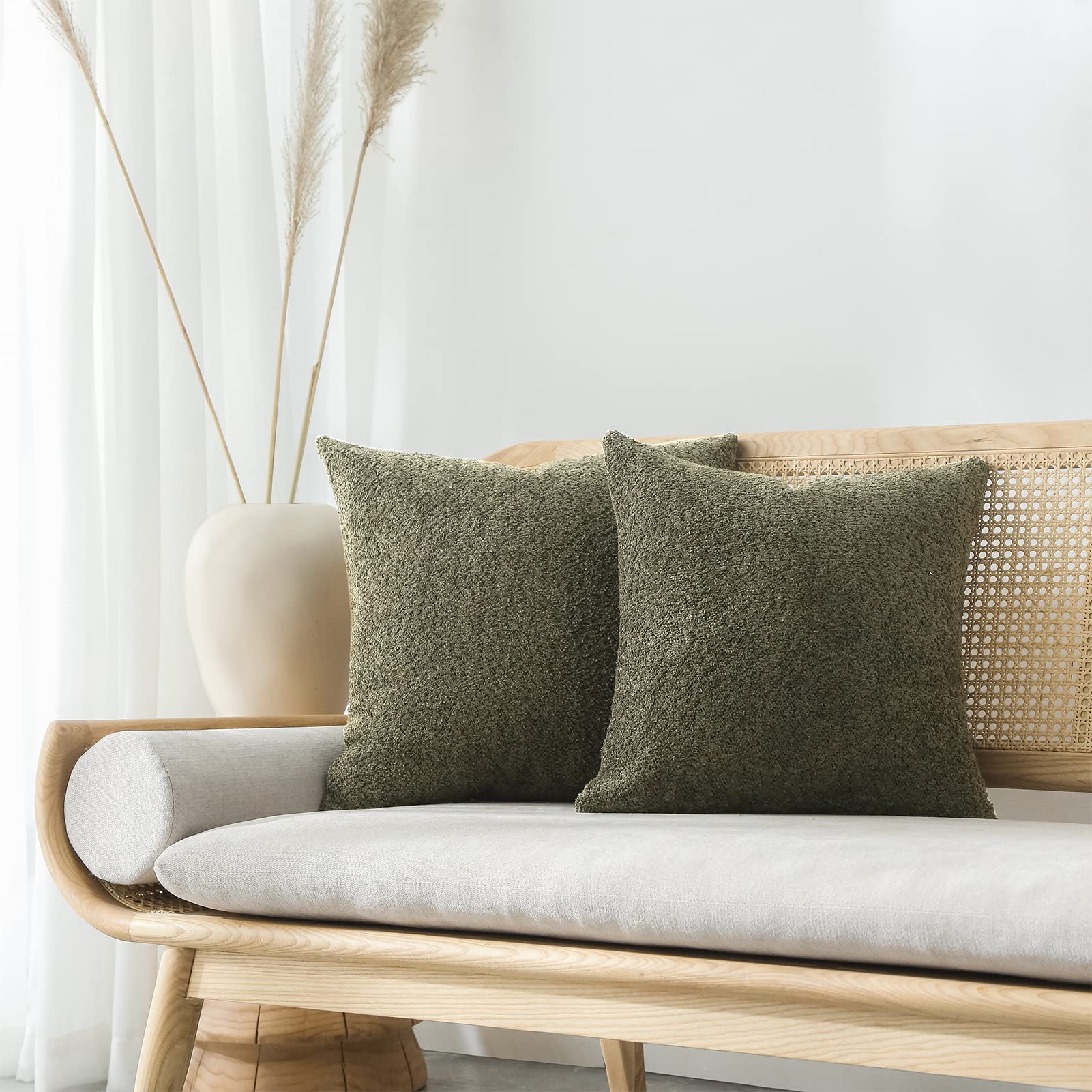 Farmhouse Throw Pillow Covers 20x20 - Set of 2 Rustic Decorative Pillow Cases for Couch, Bed & Living Room - Olive Green Neutral Accent Cushions for Cozy Home Decor & Farmhouse Style Interiors