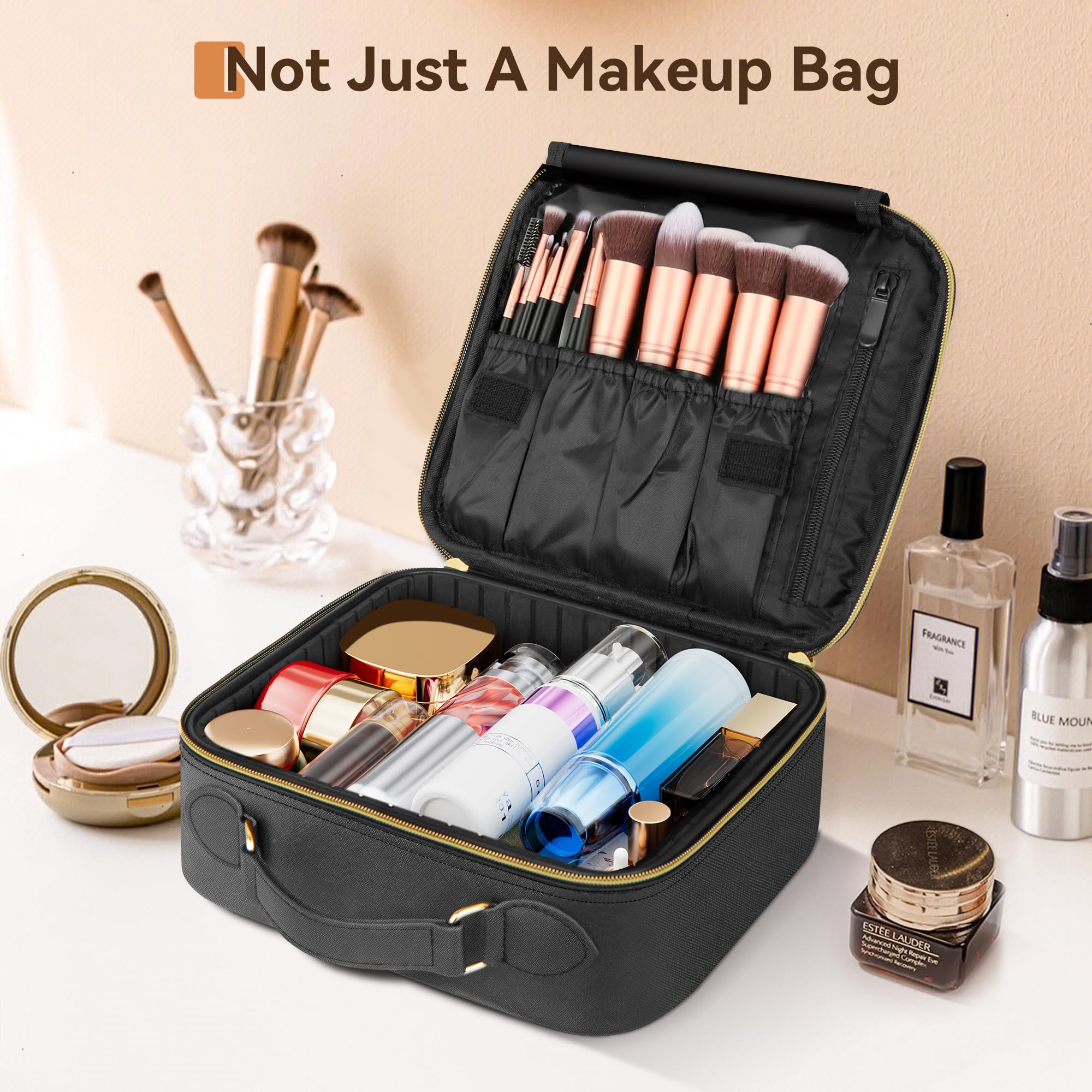 JUSRON Portable Makeup Bag with Adjustable Dividers - Small Cosmetic Organizer for Travel, Makeup Brush Holder Storage Case (Black) - Perfect for On-the-Go Touch Ups, Gym Essentials & Daily Beauty Routine
