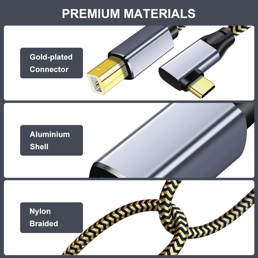 Durable Nylon Braided Right Angle USB C to USB B Printer Cable 0.5M - Compatible with MacBook Pro, Lexmark Printers, Scanners & Type-C Devices - Perfect for Home Office & Workspace Connectivity