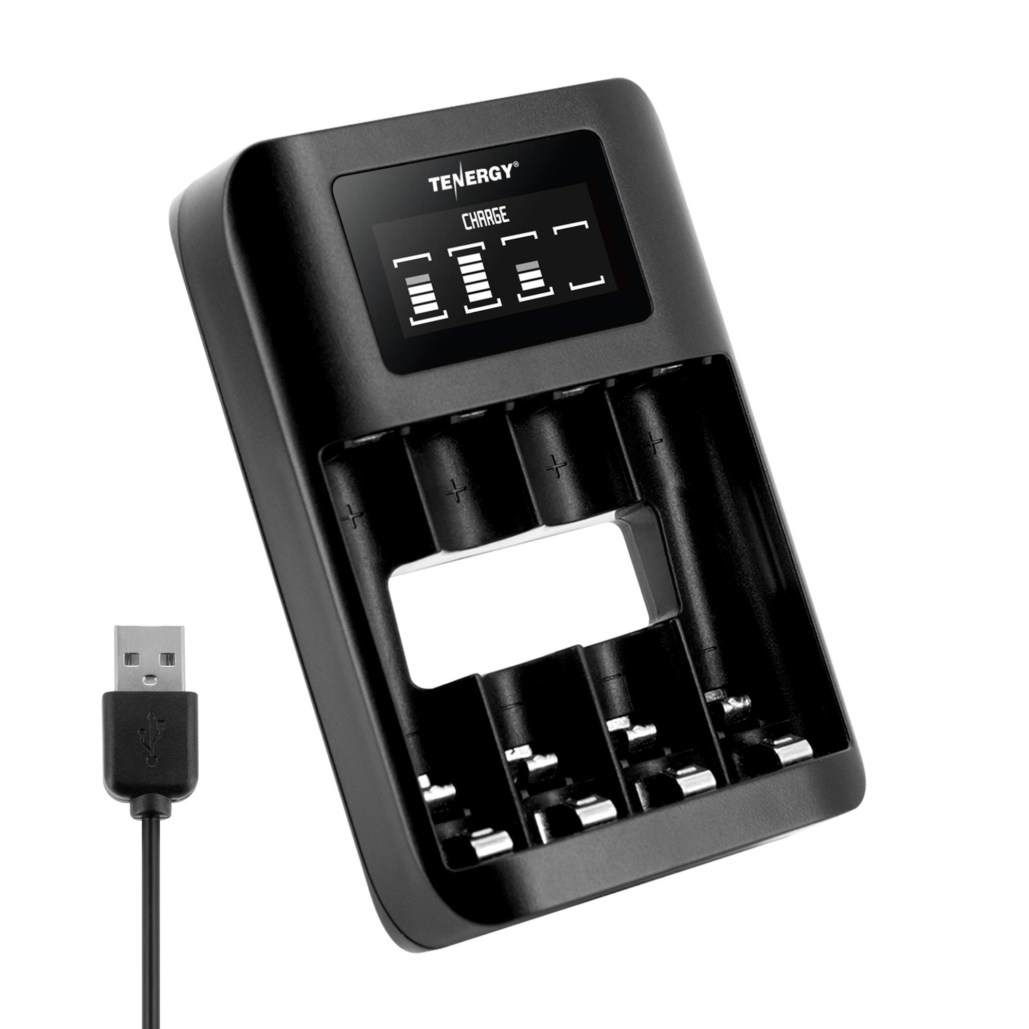 Tenergy TN474U 4-Bay LCD NiMH/NiCD Battery Charger with USB Input - Fast Charging for AA/AAA Rechargeable Batteries - Perfect for Cameras, Game Controllers & Electronics