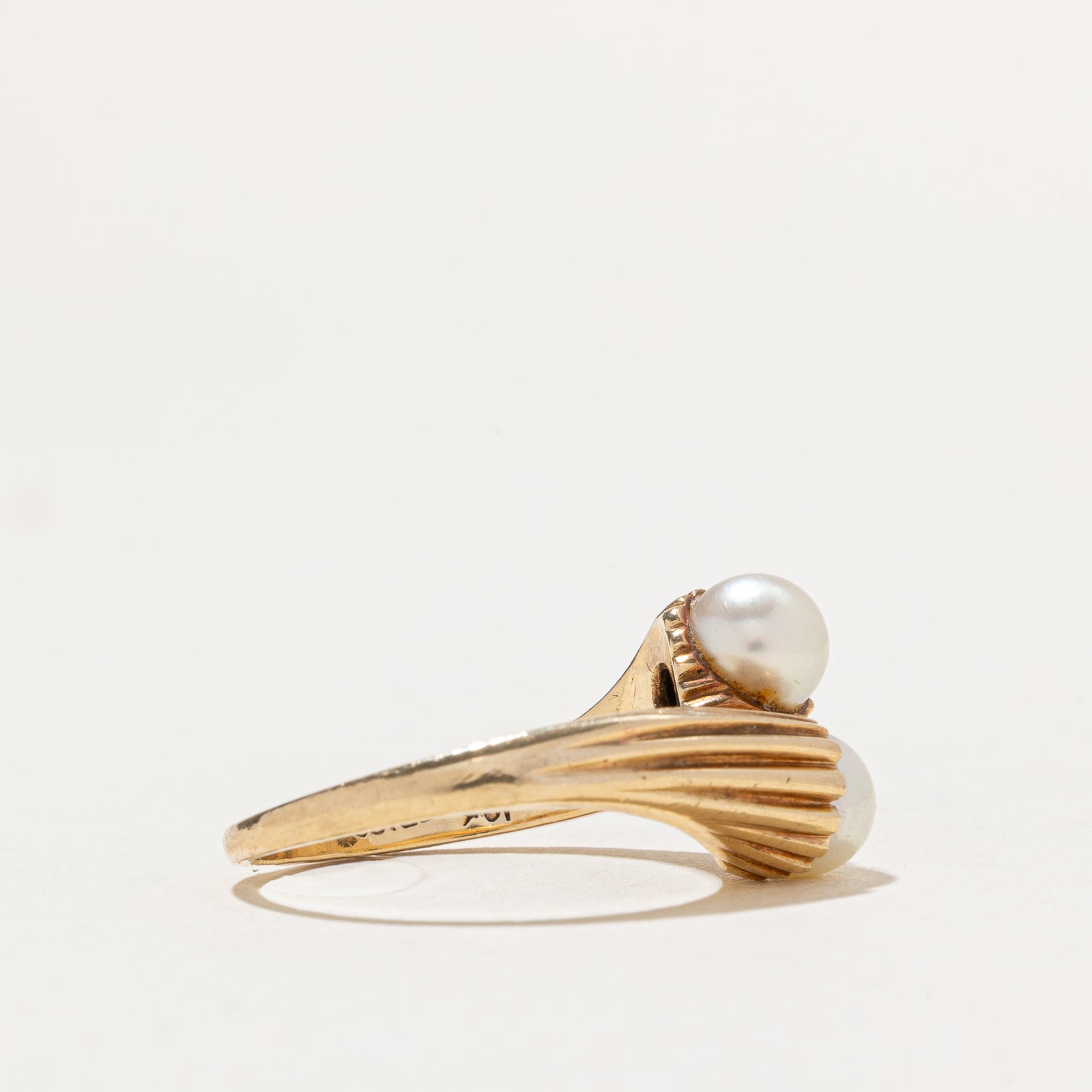 Two Stone Pearl Grooved Bypass Ring - Size 6.25 | Elegant Stackable Jewelry for Women, Perfect for Weddings, Anniversaries & Everyday Wear