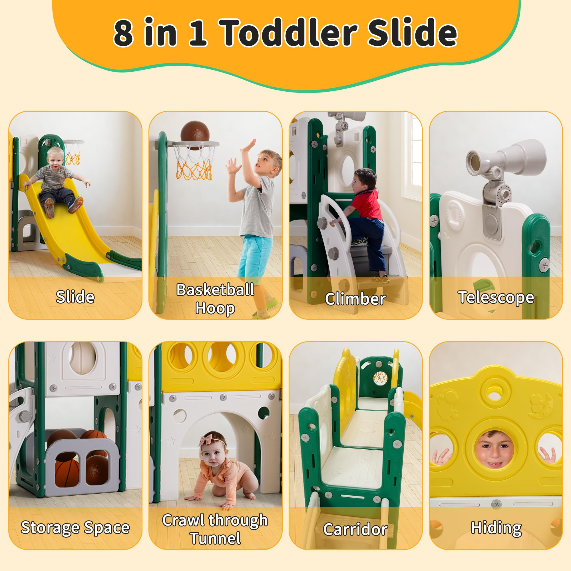 8-in-1 Toddler Slide Playset for Kids Ages 1-3 | Indoor/Outdoor Baby Slide with Basketball Hoop & Telescope | Safe Toddler Playground Equipment for Backyard, Nursery & Daycare (Green)