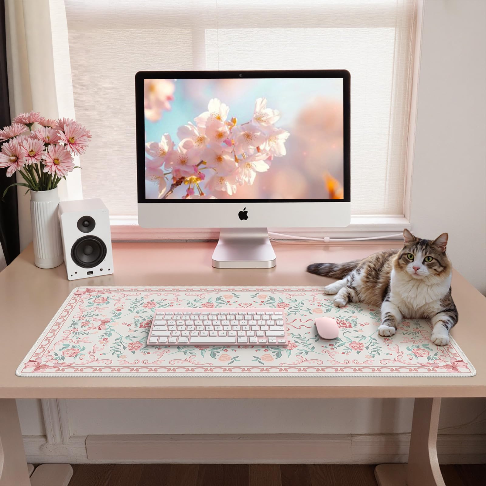 iCasso Pink Large Non-Slip Desk Mat with Stitched Edges - Cute Bow Mouse Pad for Women, Home Office, Study & Gaming - Soft Computer Desk Pad for Laptop, Keyboard & Workspace Organization