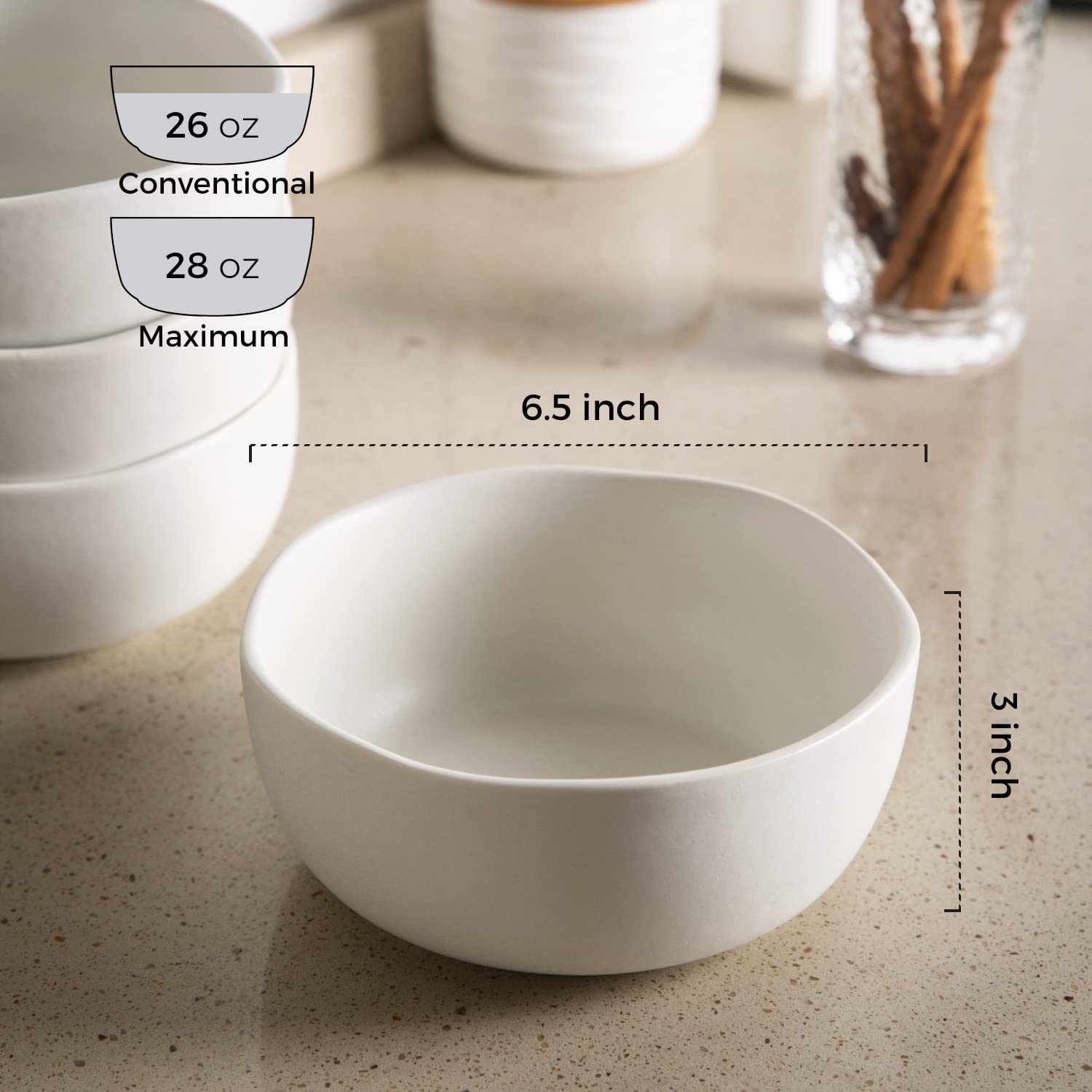 AmorArc 28oz Stoneware Cereal Bowls Set of 4 - Large Ceramic Soup & Pasta Bowls for Kitchen, Microwave, Oven & Dishwasher Safe - Matte White Wavy Rim Bowls for Breakfast, Snacks, Salads & Family Meals