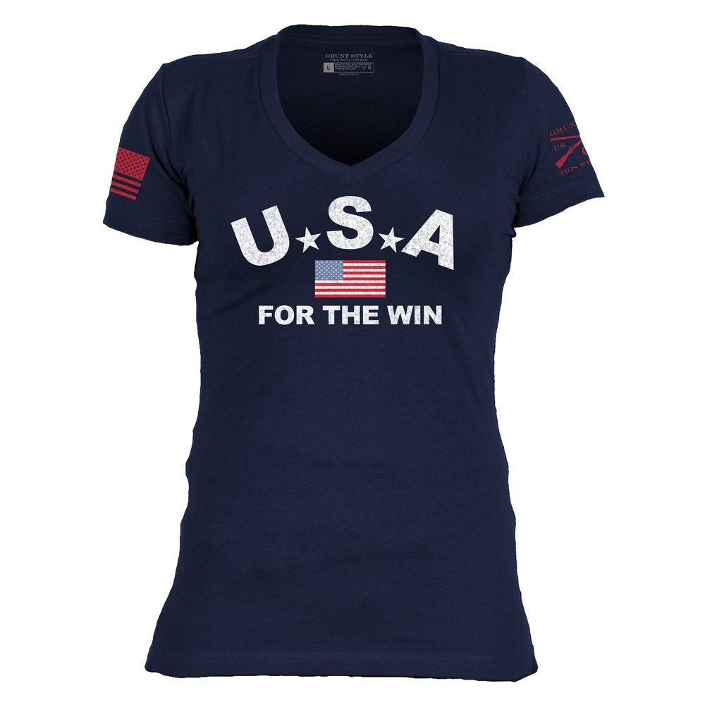 USA For The Win Women's V-Neck T-Shirt in Midnight Navy - Comfortable Casual Tee for Everyday Wear, Gym, and Outings