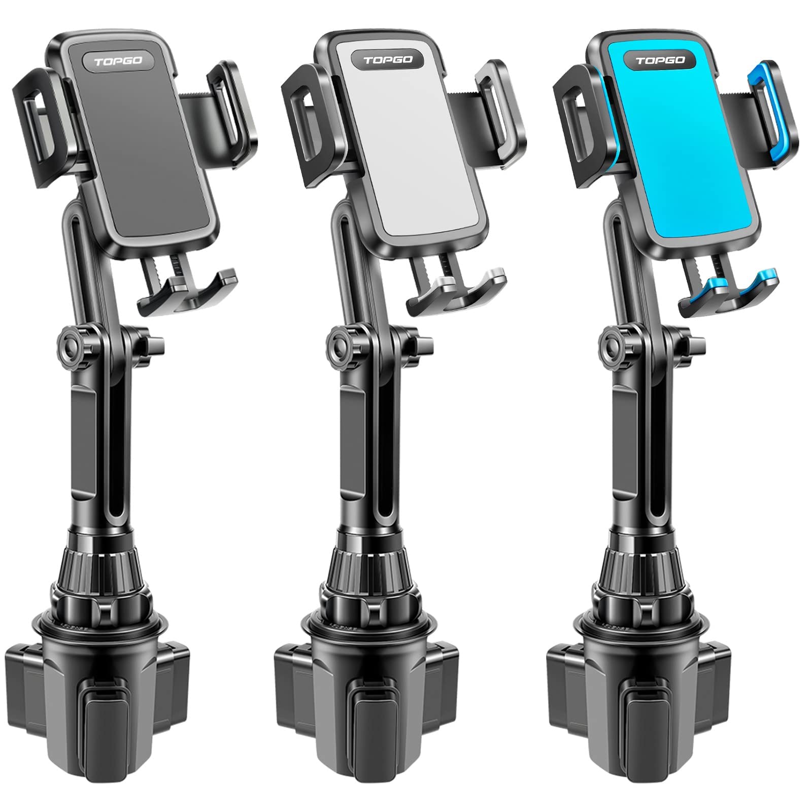 TOPGO Car Cup Phone Holder - No Shake, Height Adjustable Phone Mount for iPhone, Samsung & Smartphones (Black, Blue, Gray) - Perfect for Road Trips, Commuting & Hands-Free Driving