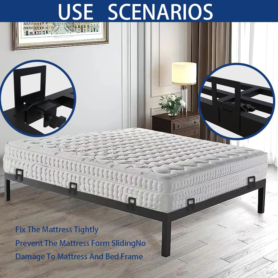 Non-Slip Mattress Grippers for Metal Bed Frames - 6PC Adjustable Anti-Slip Baffles, Black Mattress Holders to Keep Mattress in Place - Perfect for Queen/King Size Beds, Bedroom Furniture Stability & Noise Reduction
