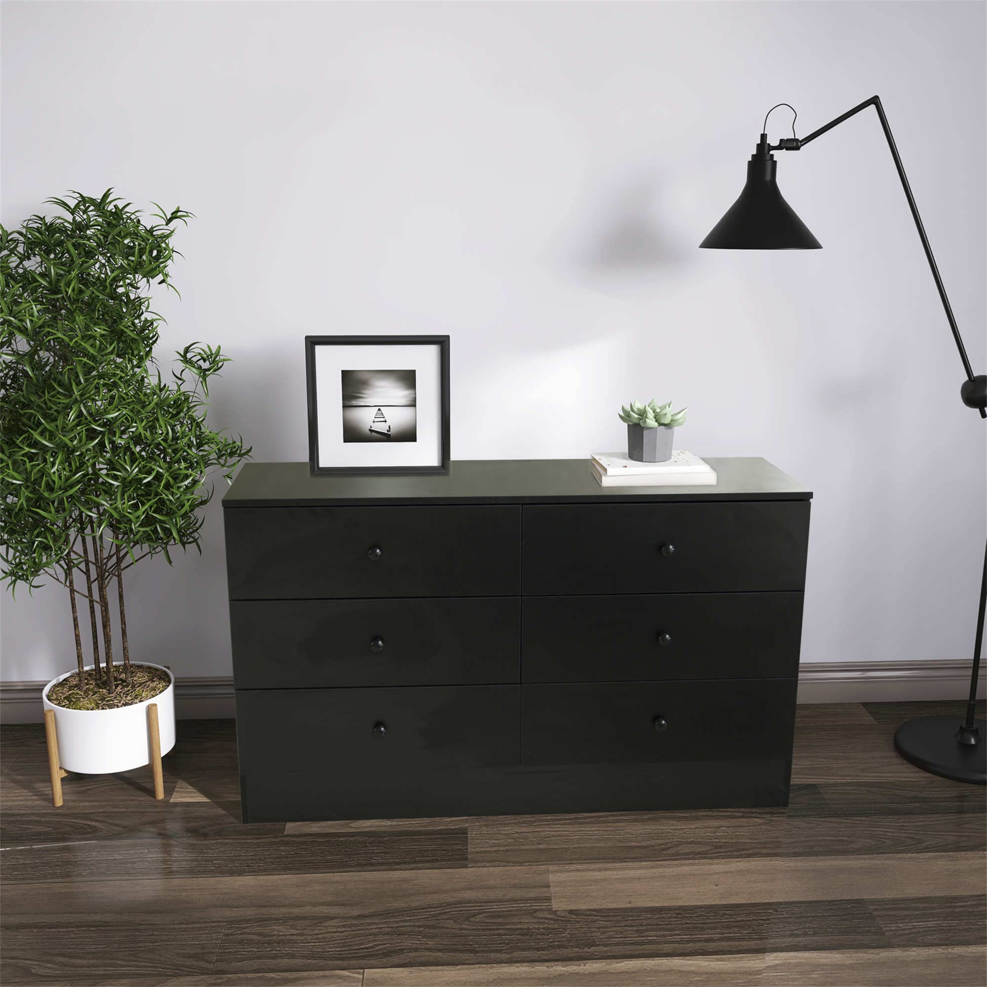 6-Drawer Modern Wood Dresser for Bedroom - Sturdy Storage Chest Cabinet with Smooth Gliding Drawers - Black - Perfect for Bedroom, Living Room & Hallway Organization