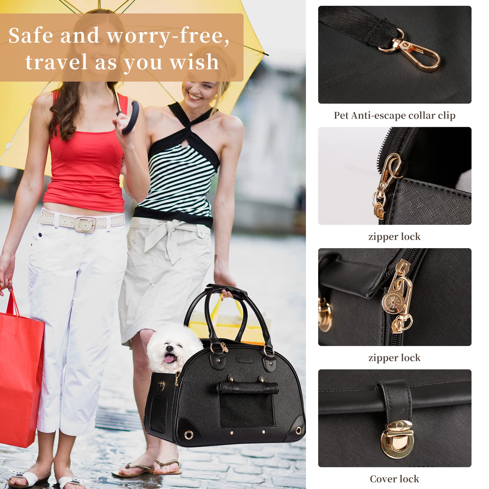 Premium Foldable PU Leather Pet Carrier - Portable Tote Bag for Small Dogs & Cats | Travel, Vet Visits & Outdoor Adventures (Black)