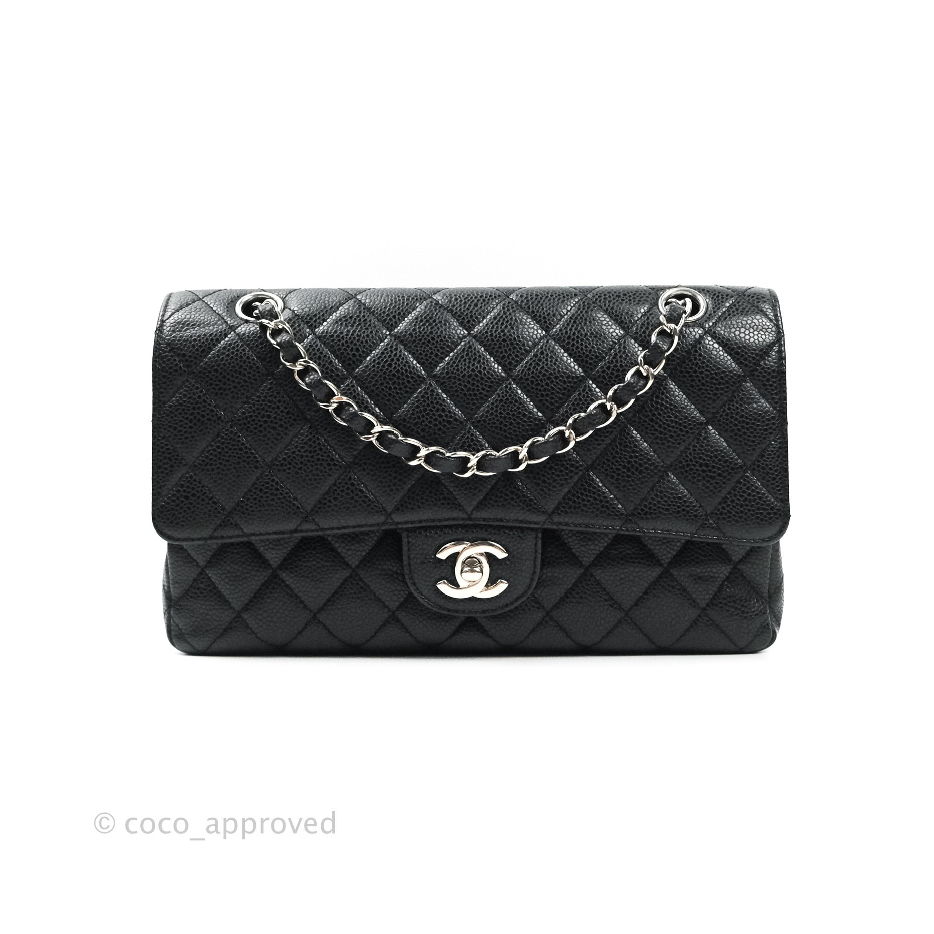 Chanel Classic Medium Double Flap Bag Black Caviar Leather with Silver Hardware - Luxury Designer Handbag for Women, Perfect for Work, Evening & Special Occasions