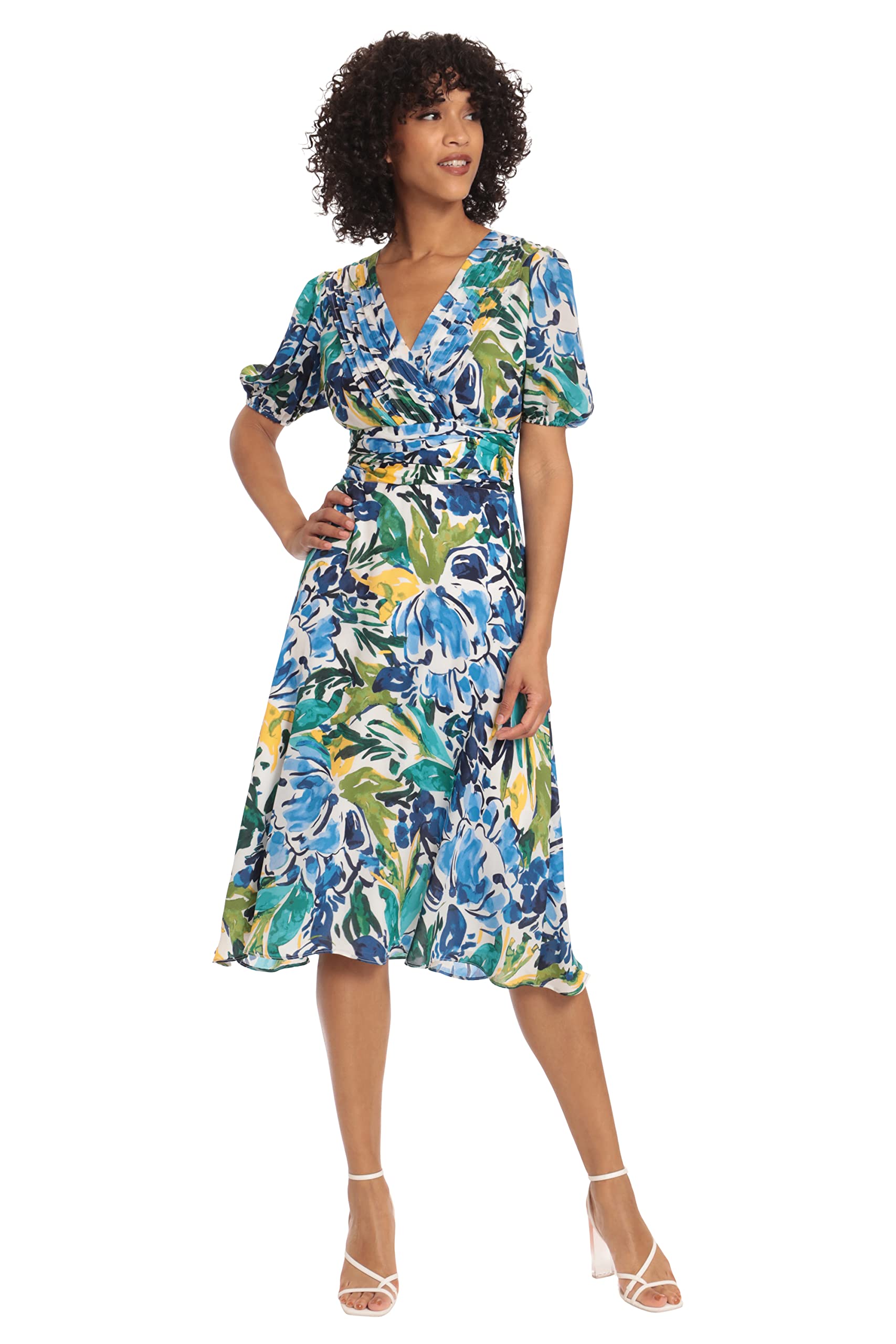 Maggy London Women's Short Puff Sleeve Pleated V-Neck Dress with Gathered Waistband - Elegant Cocktail Party & Wedding Guest Dress for Women