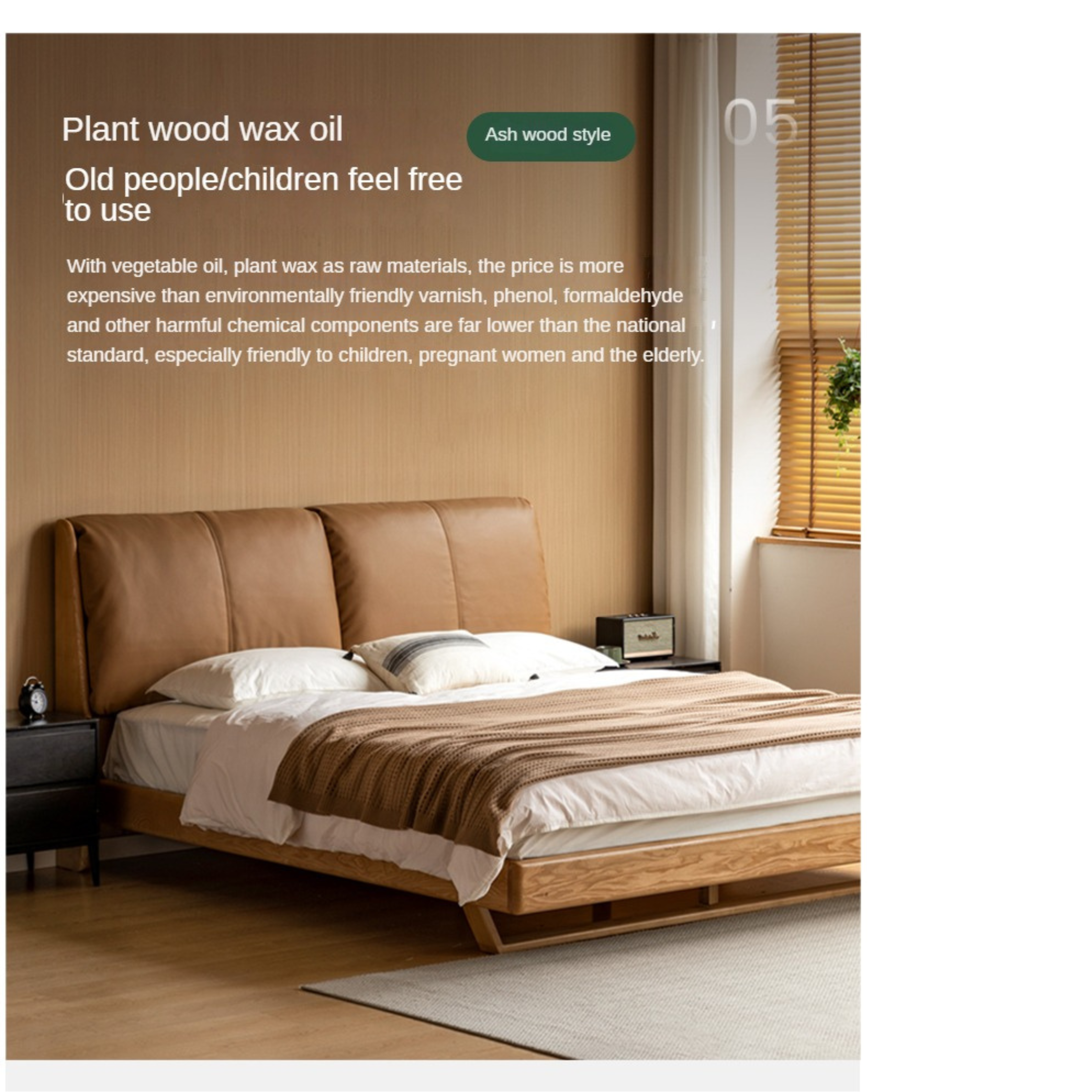 Italian Light Luxury Oak & Ash Solid Wood Leather Upholstered Suspended Bed - Elegant Master Bedroom Furniture for Modern Home Decor