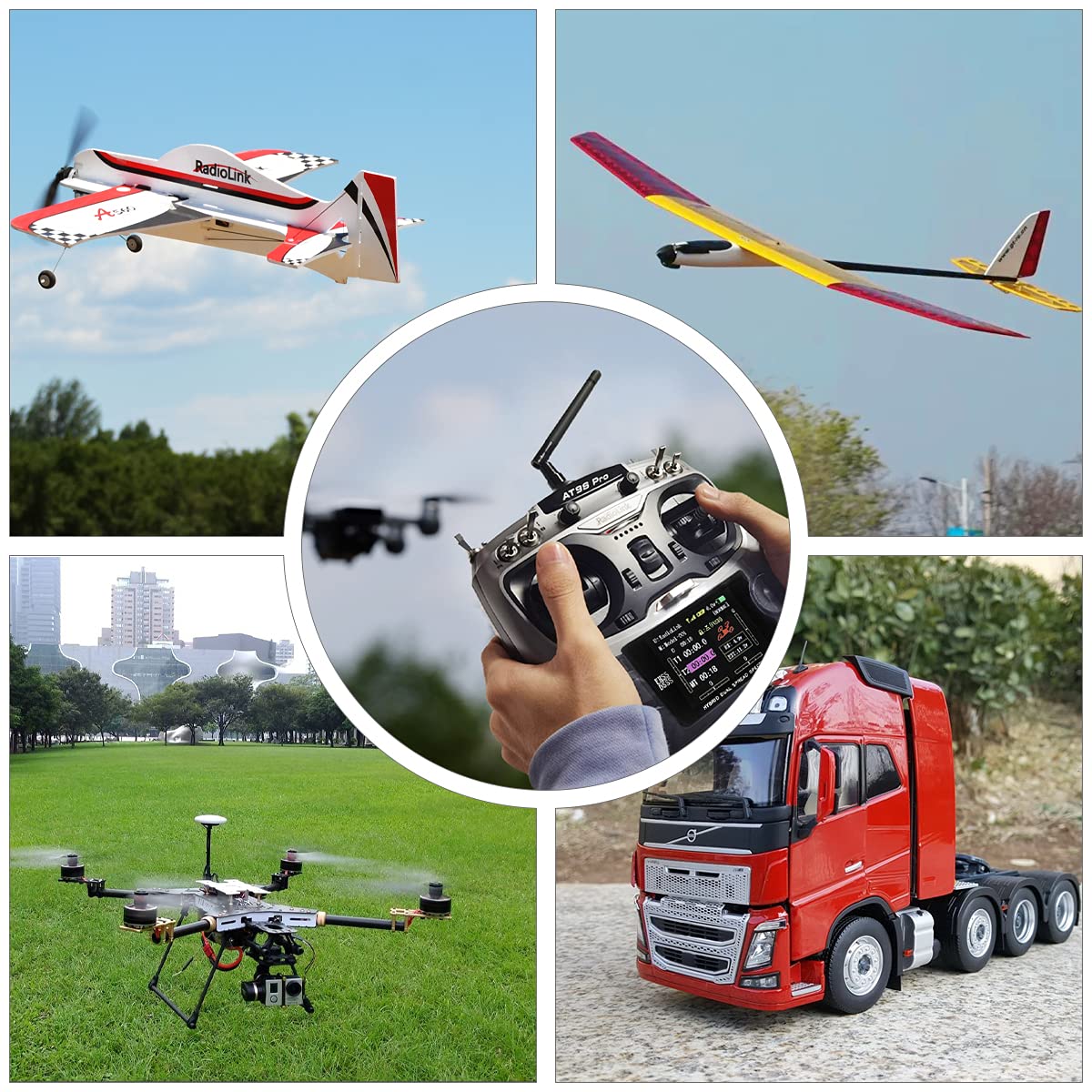 Radiolink AT9S Pro 10/12 Channel 2.4GHz RC Radio Transmitter with R9DS Receiver & PRM-01 Battery Telemetry Module - Mode 2 Left Hand for RC Airplanes, Drones, and RC Cars - Real-Time Battery Monitoring for Long-Range Flying