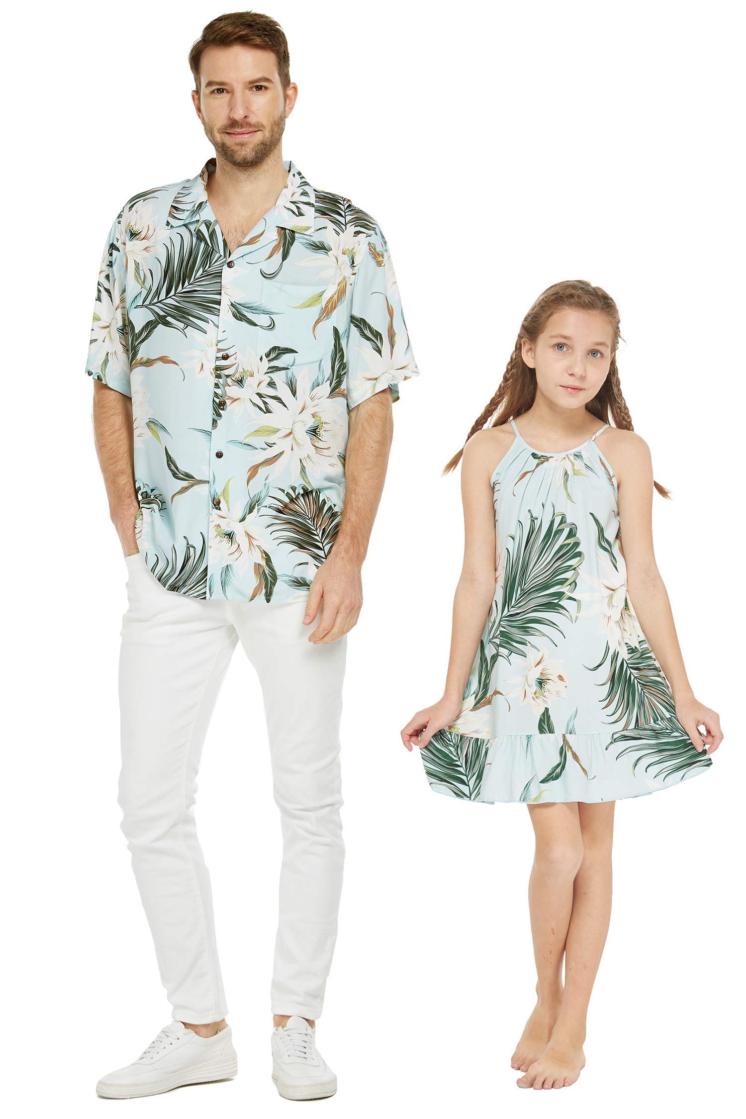 Father Daughter Matching Hawaiian Luau Shirts - Tropical Floral Print Round Neck Aloha Dress for Beach Vacation & Family Photos