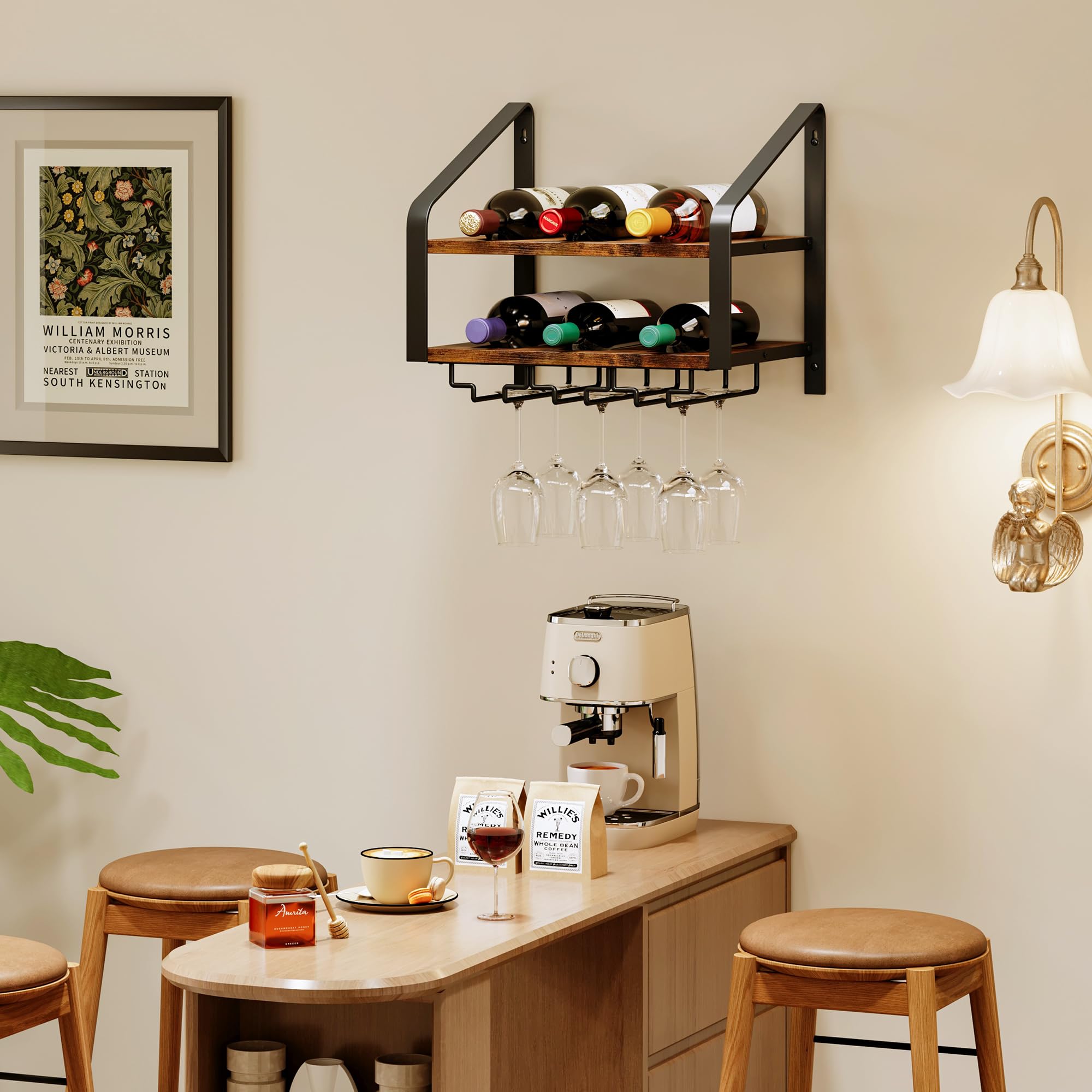 2-Tier Wall Mounted Wine Rack for 6 Bottles & 6 Glasses - Solid Wood & Metal Wine Bottle Holder for Home Bar, Kitchen, Dining Room - Space-Saving Wine Storage Solution (Brown Black) - Perfect for Small Spaces, Apartment Living & Entertaining Guests