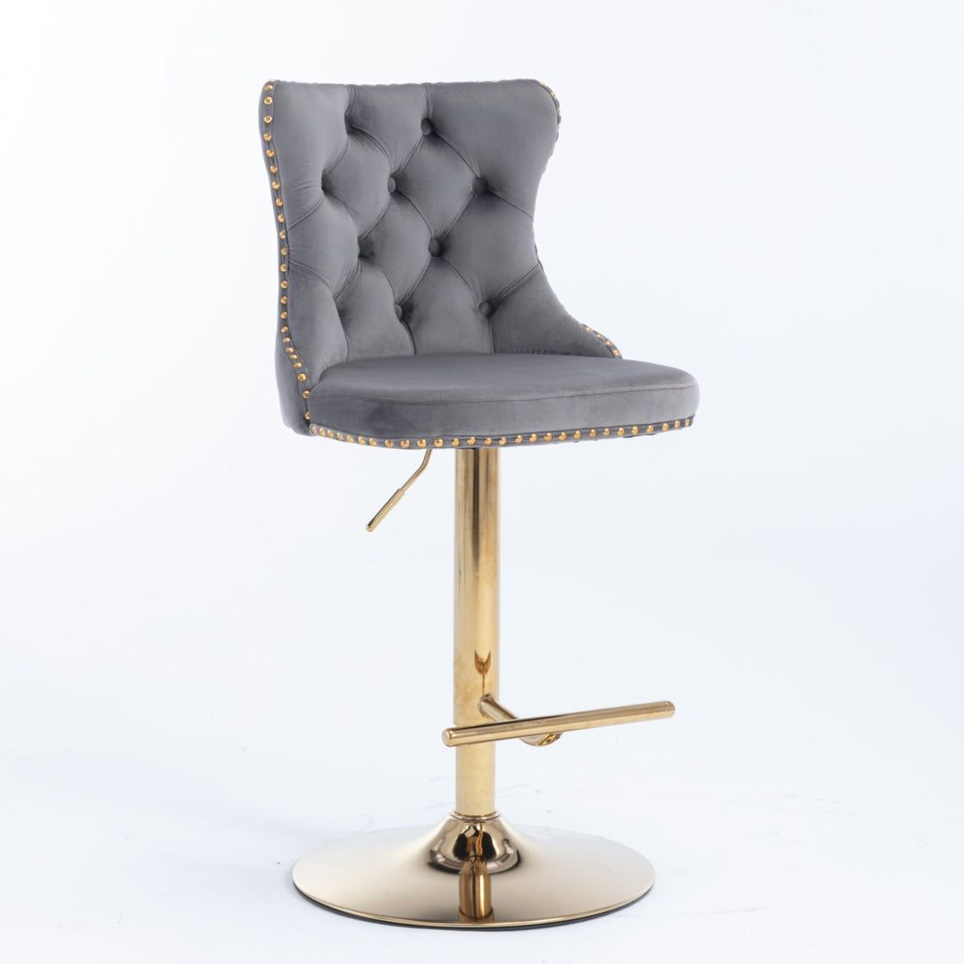 Adjustable Height Swivel Bar Stool with Footrest - Velvet Upholstery, Studded Design & Golden Base (Grey) - Perfect for Kitchen Islands, Home Bars & Dining Counter Stools