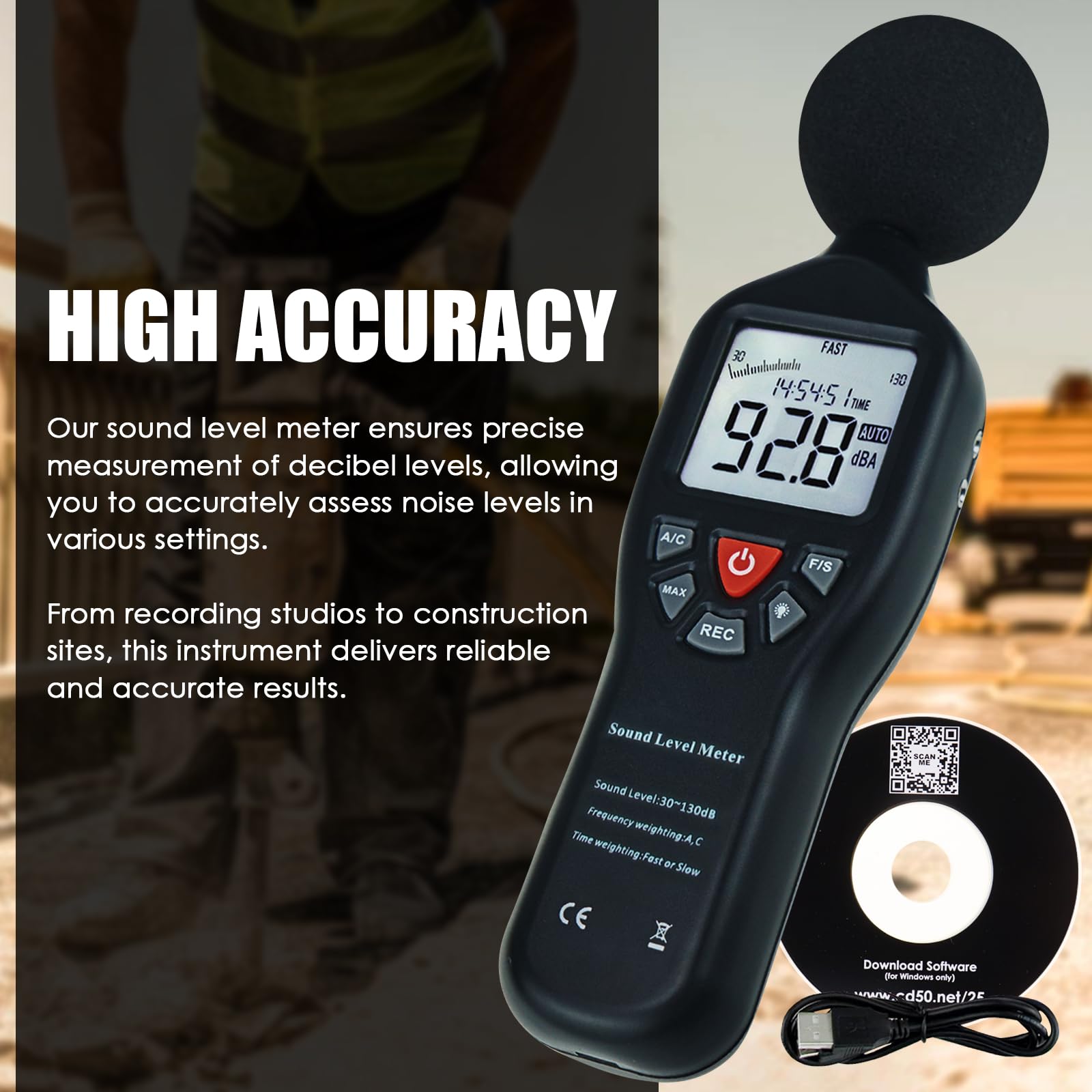 Professional Decibel Meter Sound Level Tester 30-130dB with Data Logger & Backlit LCD - Noise Measurement for Home, Workplace, and Industrial Use - Includes CD Software for Audio Analysis