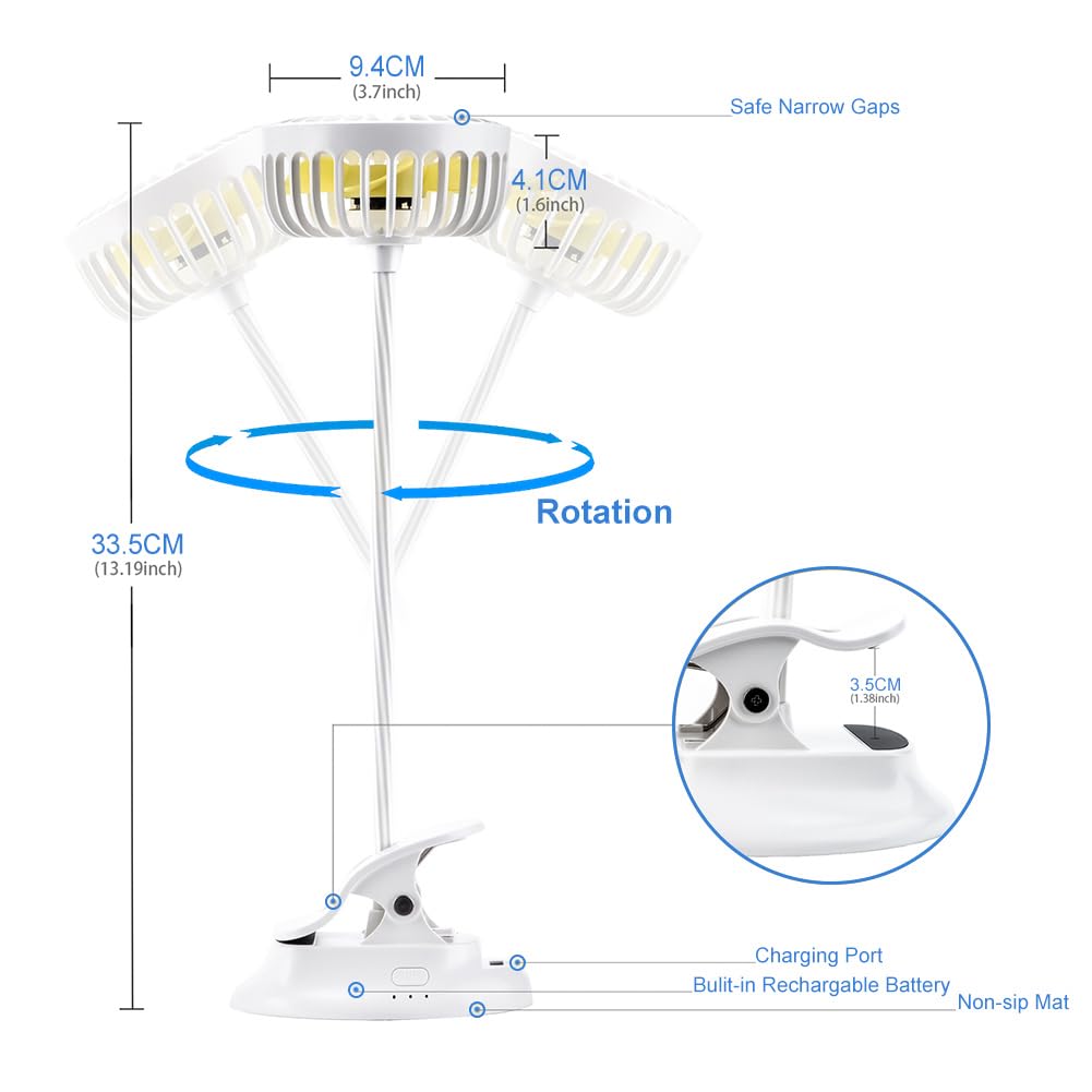 Clip on Fan Small Mini Fan - USB Rechargeable Portable Fan with 3 Speeds & Flexible Neck, Battery Powered Personal Desk Fan for Baby Stroller, Office, Car, Dorm, Camping & Beach - White | Perfect for Home, Travel & Outdoor Activities