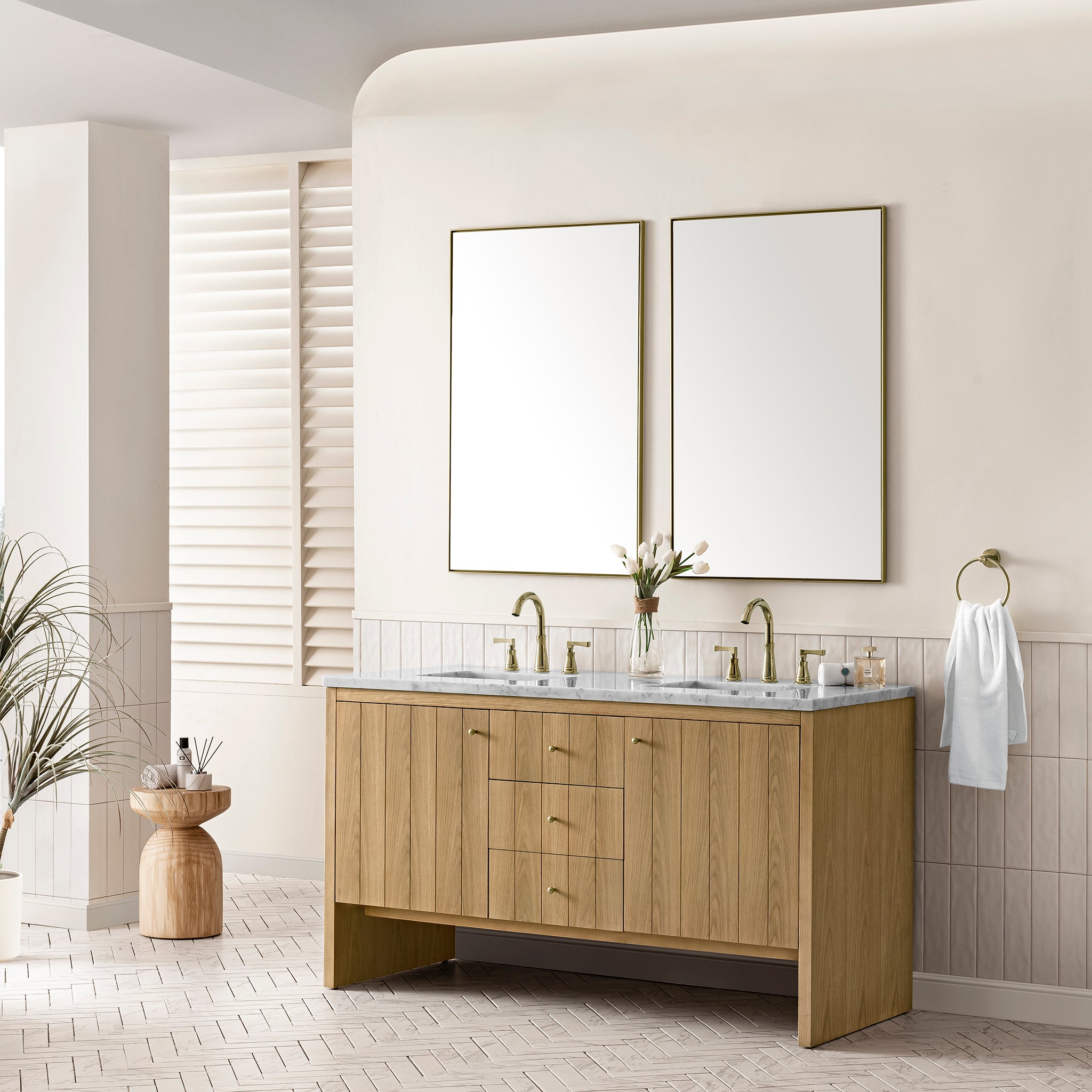 60-Inch Hudson Double Bathroom Vanity in Light Natural Oak with 3CM Arctic Fall Quartz Countertop - Perfect for Master Bathroom Renovation & Modern Home Decor