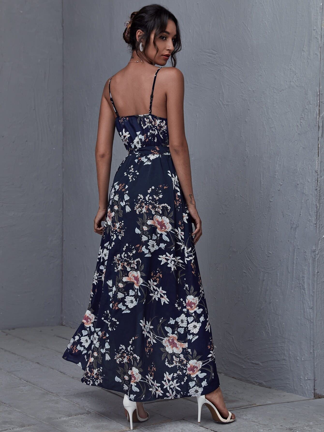 Women's Floral Print Sleeveless Wrap Dress with Belt - Summer Beach Party Casual Cami Dress for Vacation, Date Night & Outdoor Events