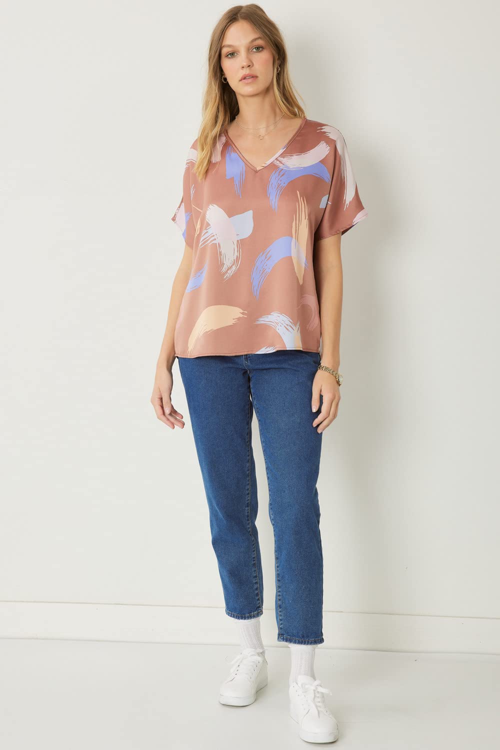 Entro Women's Abstract Print V-Neck Tunic Top - Brown | Flowy Casual Blouse for Work, Date Night & Everyday Wear