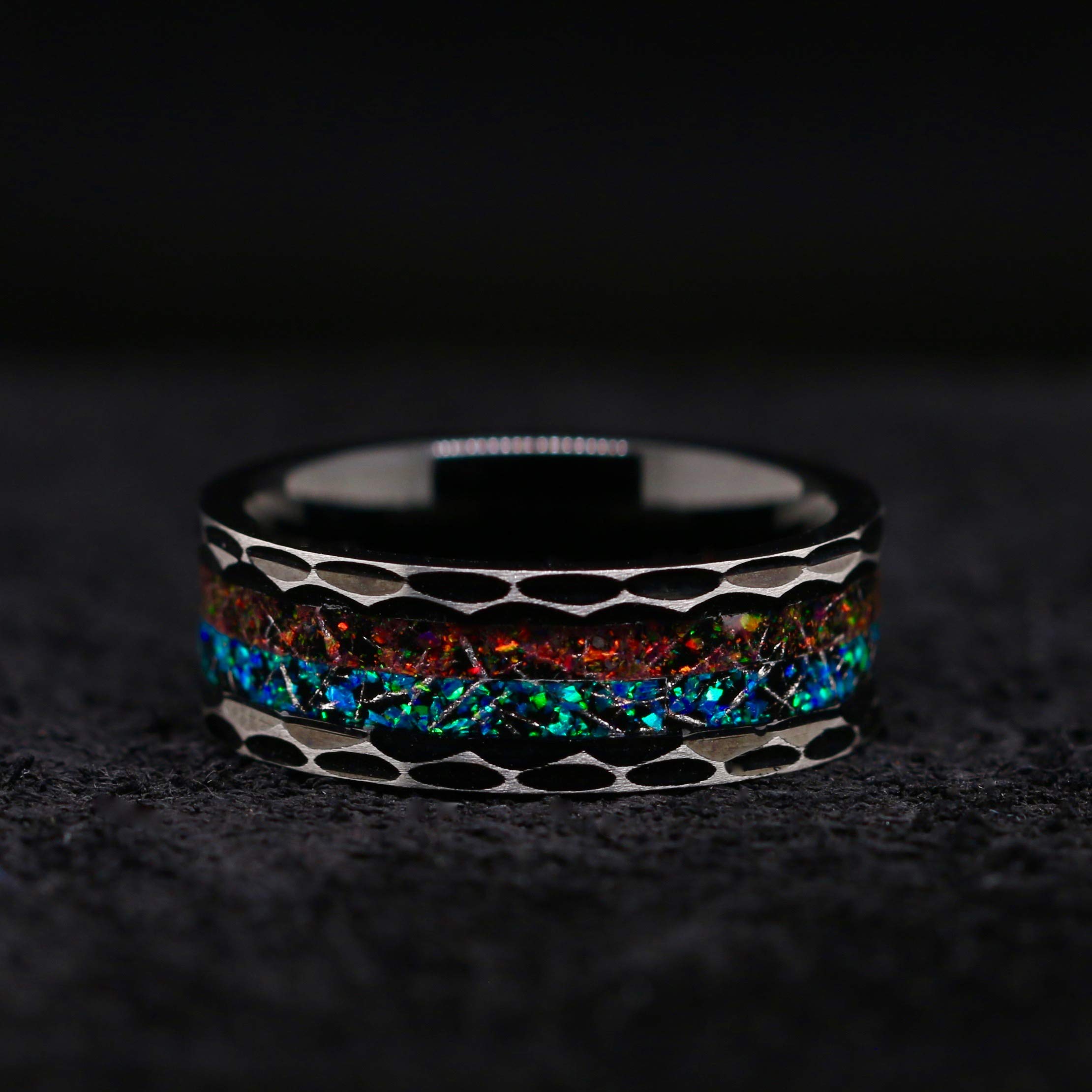 Volcanic Ocean Opal & Meteorite Ring for Women & Men - Unique Blue Opal Wedding Band - Handcrafted Opal Jewelry for Engagement, Anniversary & Special Occasions