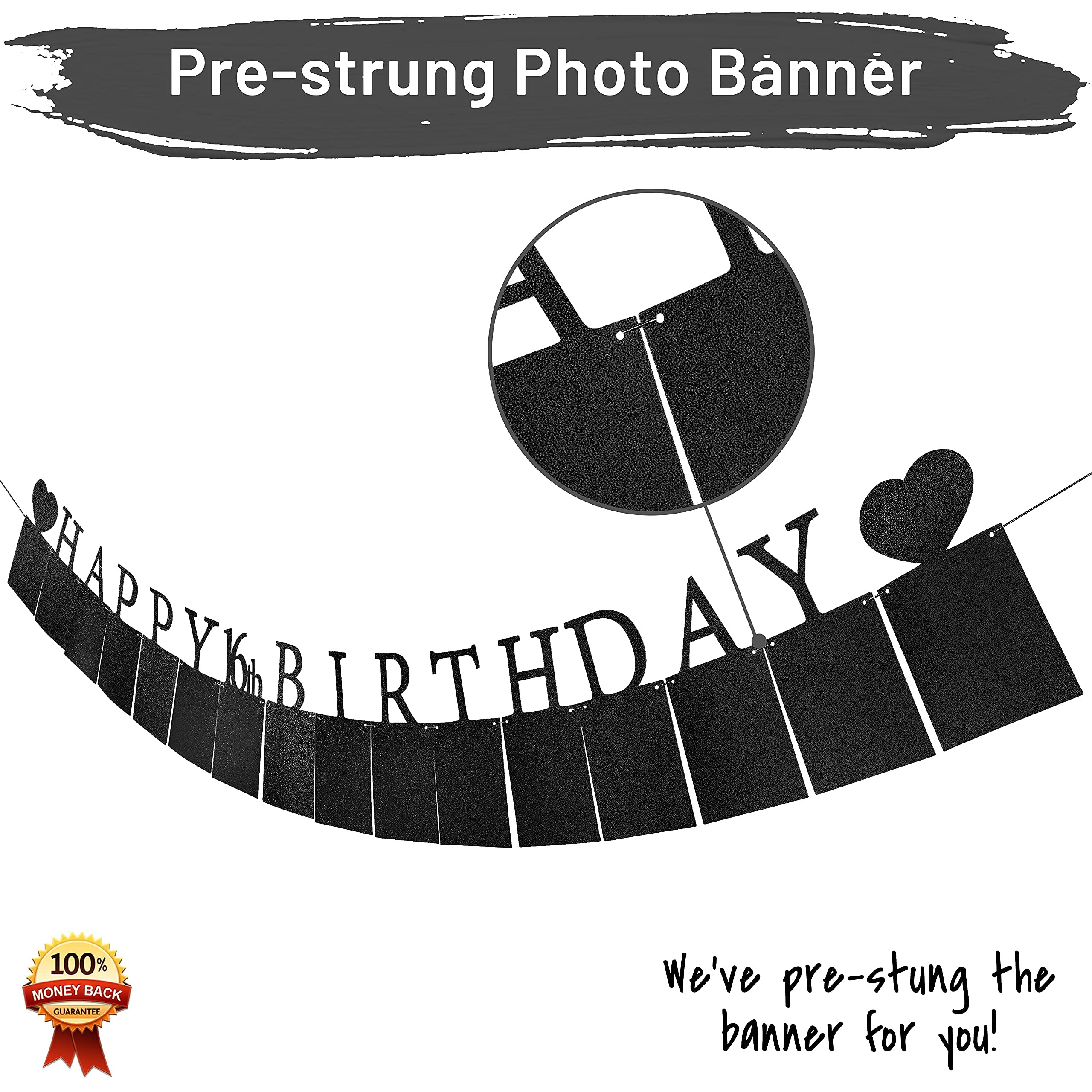 Sweet 16 Birthday Banner with Photo Frames - Black Pre-assembled Party Decorations for Girls | 16th Birthday Party Supplies with Signs | Perfect for Sweet Sixteen Celebrations, Photo Backdrops & Milestone Decor
