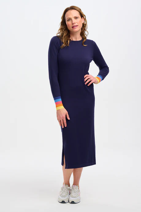 Liselle Knit Dress Navy with Sunset Cuffs - Elegant Casual Wear for Women | Perfect for Office, Date Night & Special Occasions