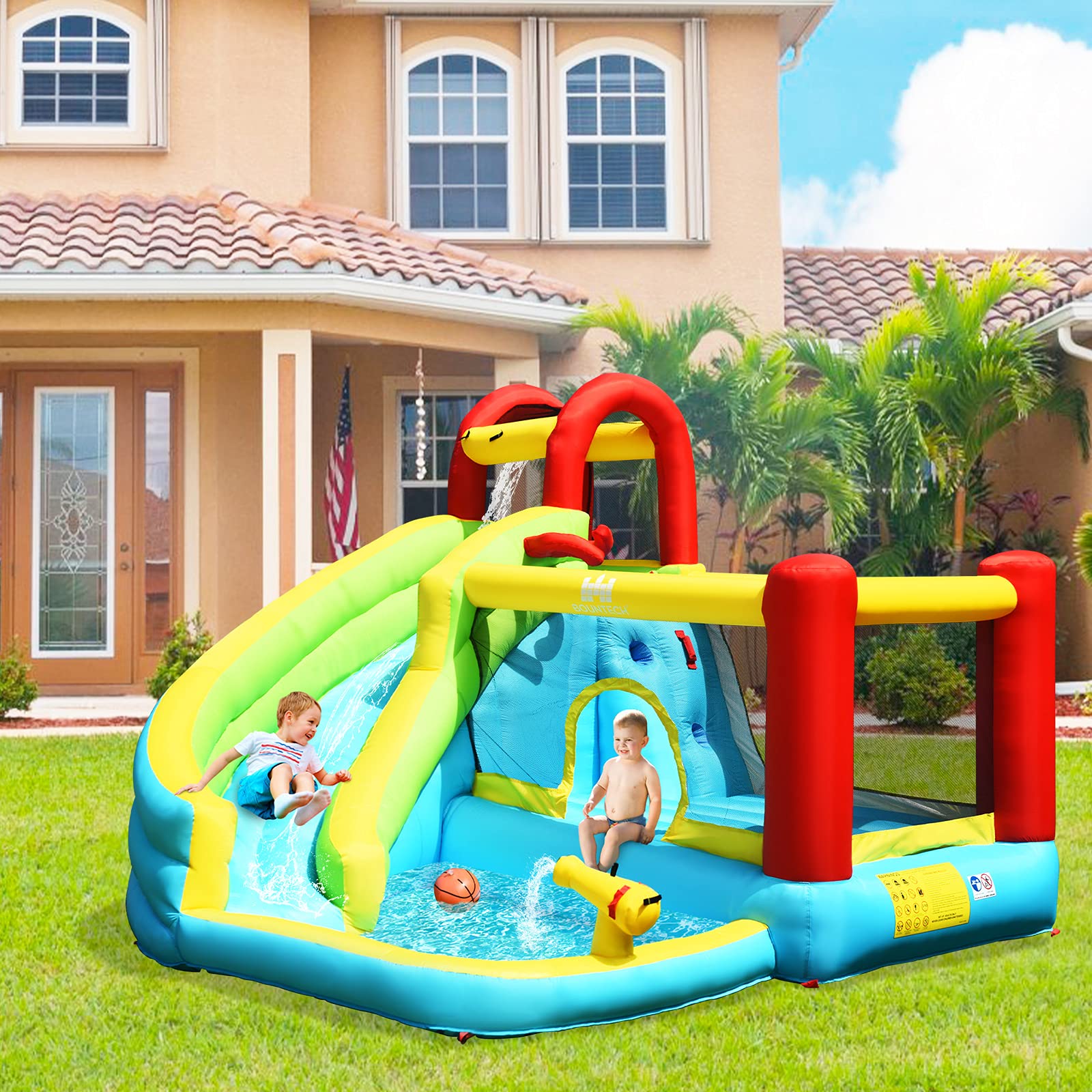 HONEY JOY Inflatable Water Slide with Splash Pool, Climbing Wall & Slides - Outdoor Water Bounce House for Kids & Adults - 480W Blower Included - Perfect for Backyard Parties, Summer Fun & Family Gatherings