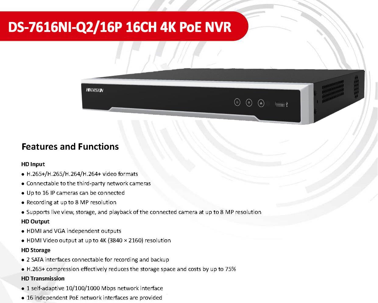 HIKVISION DS-7616NI-Q2/16P 16CH 4K NVR with 4TB HDD - 8MP PoE Network Video Recorder with Built-in 16 Ports, H.265+, Dual SATA - Compatible with Hik-Connect App for Home & Business Security Surveillance System
