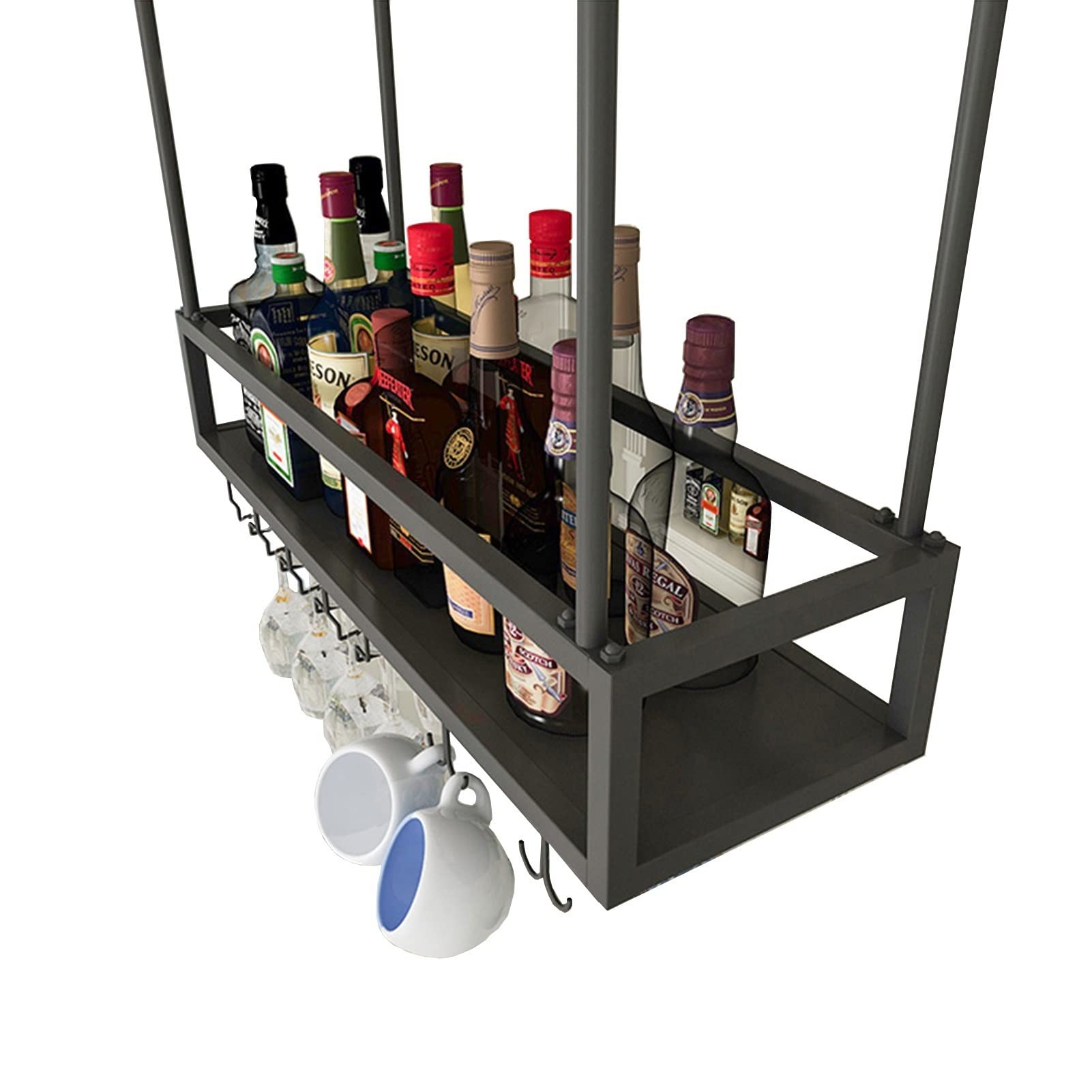 Premium Metal Ceiling Hanging Wine Rack - Black Wine Bottle Storage Shelf & Stemware Organizer (140x25x21cm) for Champagne Glasses, Goblets - Perfect for Under Cabinet Bar, Kitchen, Restaurant, and Home Wine Cellar Organization