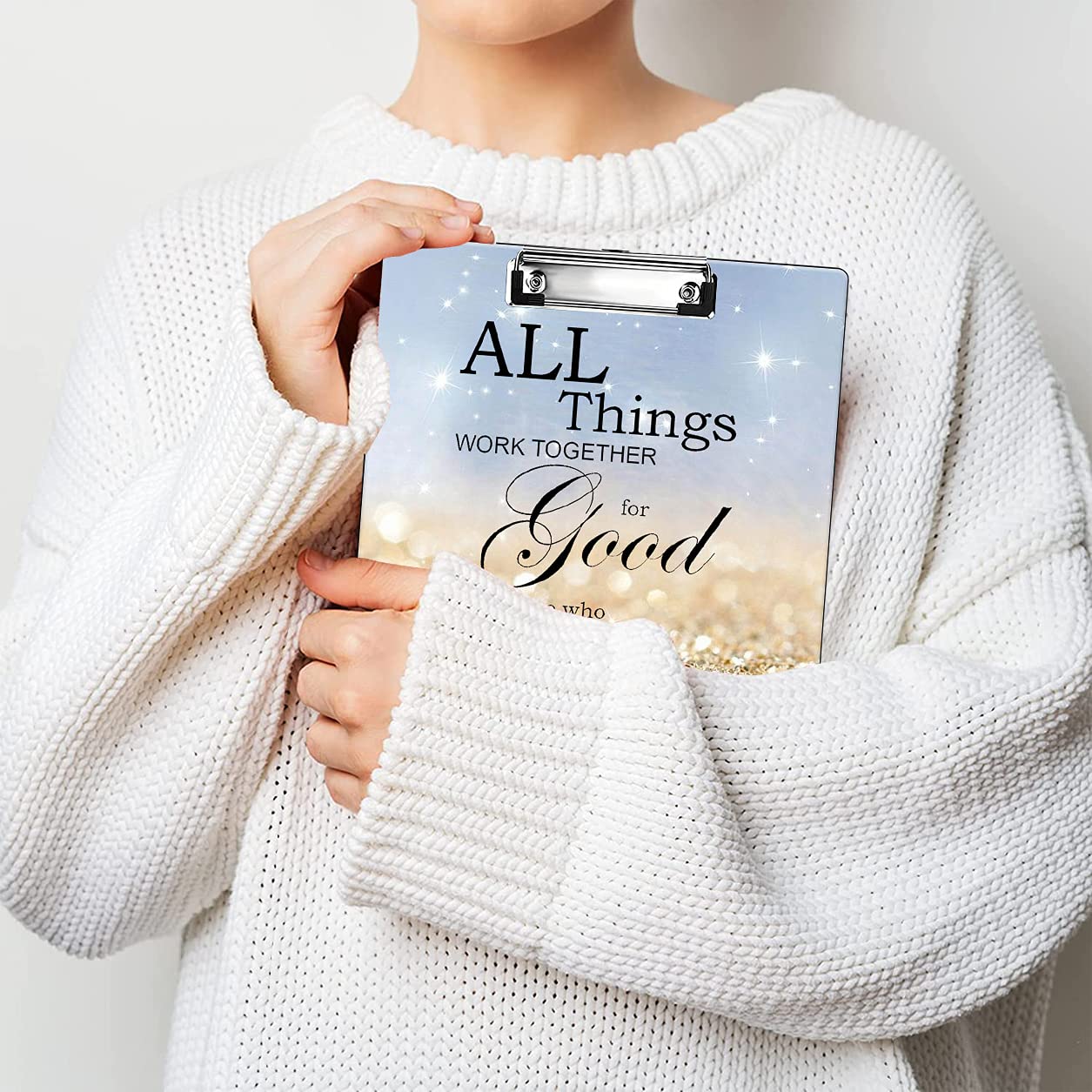A4 Plastic Clipboard with Metal Clip, Cute Coaster & Pen Bag - Retractable Hanging Hole, Rainbow Glitter Design with Bible Verse (Psalm 8:28) - Perfect for School, Office, Home & Bible Study Organization