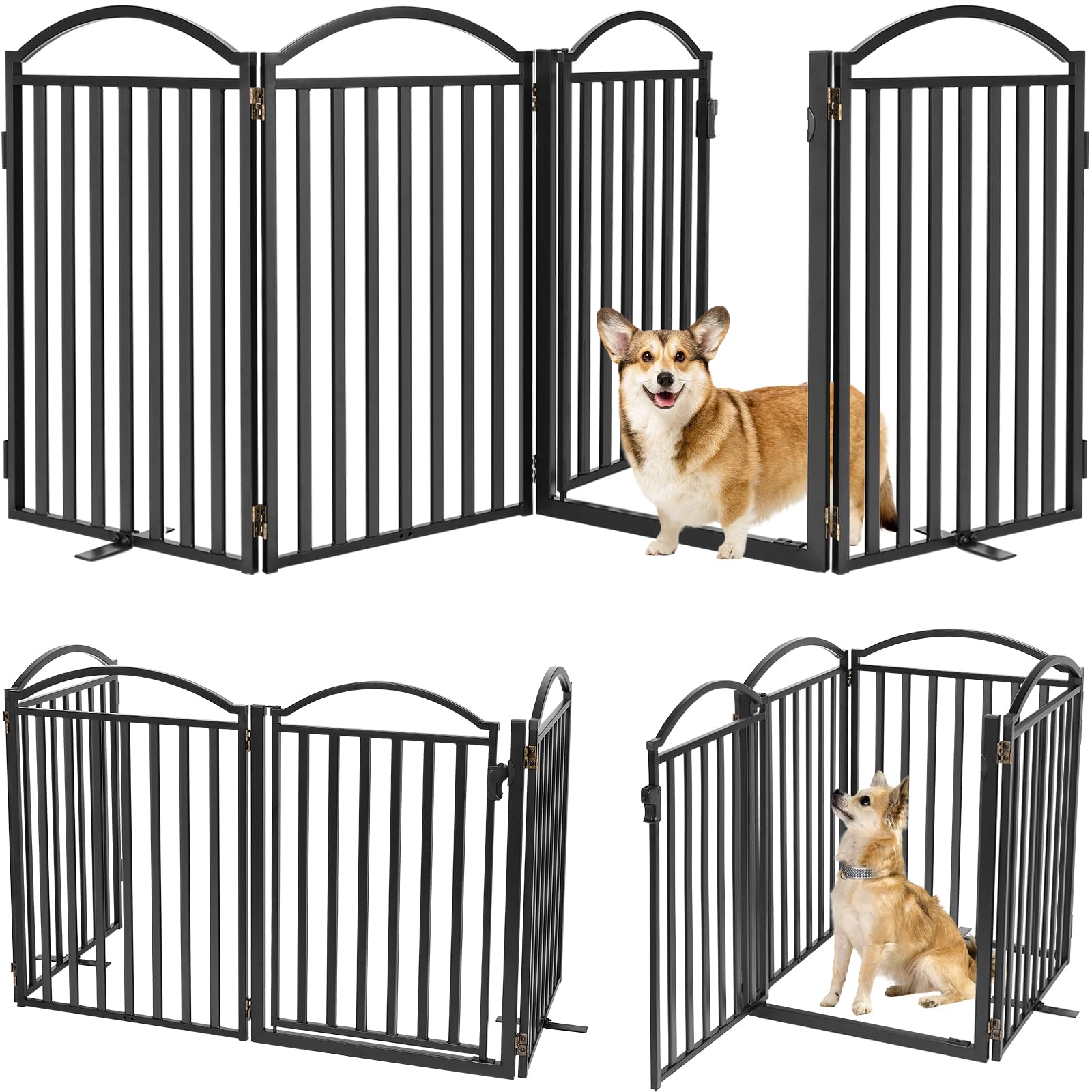 Malier 32'' Tall Freestanding Metal Dog Gate with Door - Extra Wide Foldable Indoor/Outdoor Pet Fence for Puppies - Ideal for Stairs, Hallways, Doorways, Yards & Home Security (Black, 4 Panels)