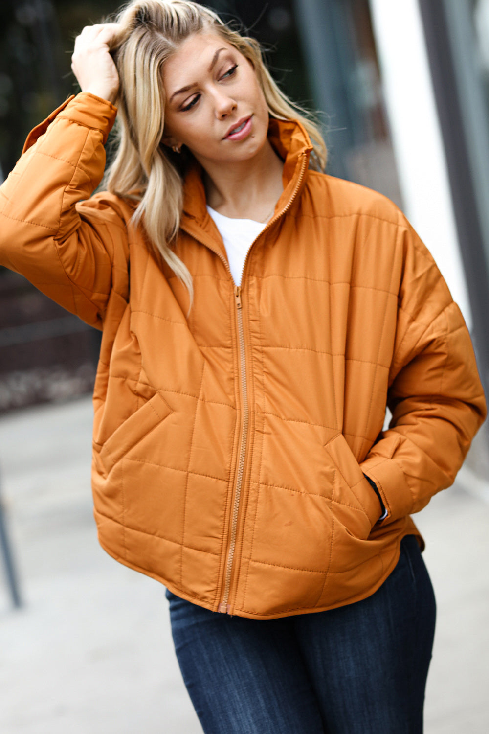 Butterscotch Quilted Puffer Jacket for Women - Warm Winter Coat with Stand Collar | Stylish Outerwear for Cold Weather, Outdoor Activities & Daily Commute